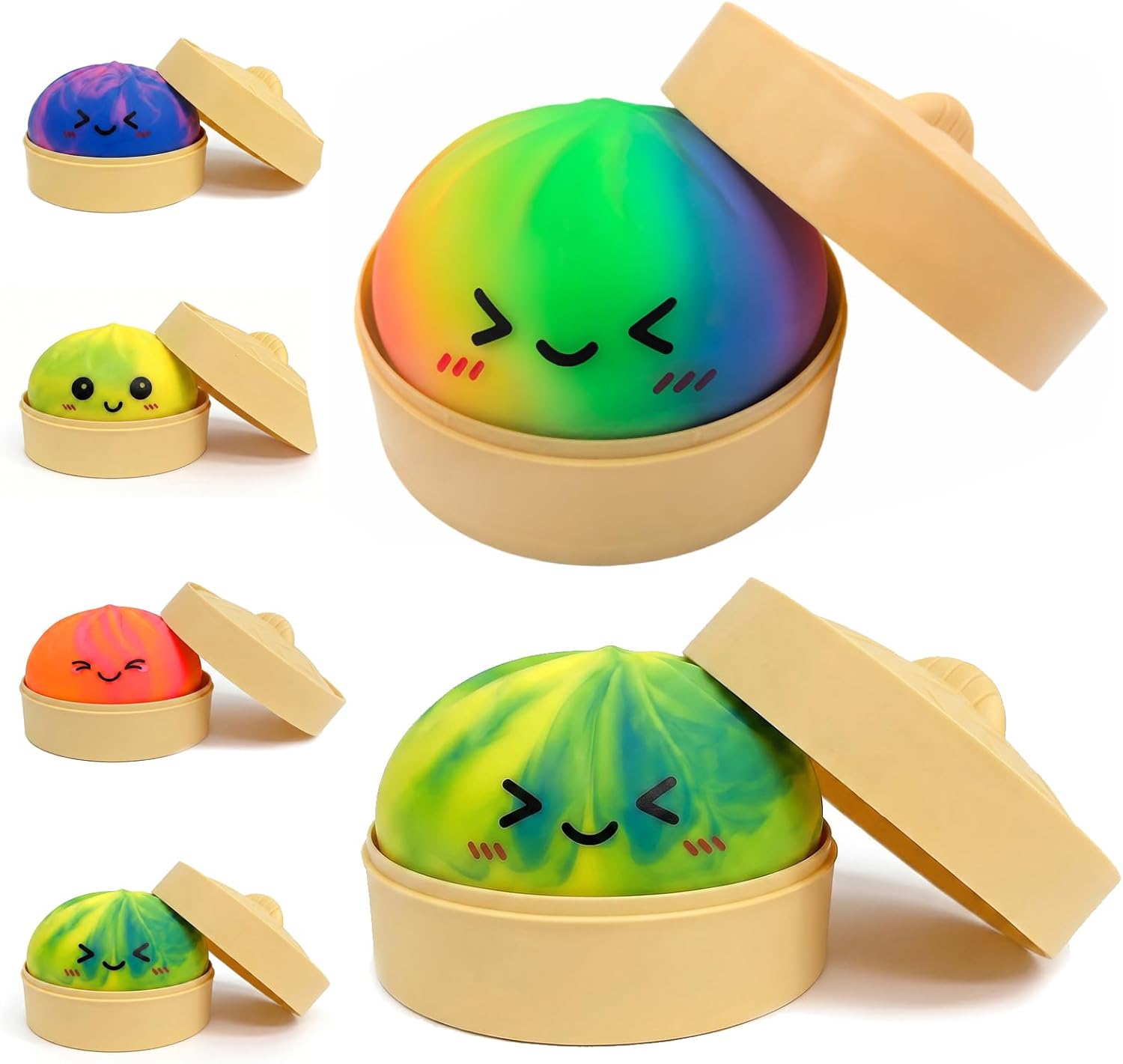 Dumpling Squishies Stress Balls,Colorful Squeeze Dough Ball Fidget Sensory Toys,Stretchy Hand Desk Toy with Food Steamer for Stress Relief Gift