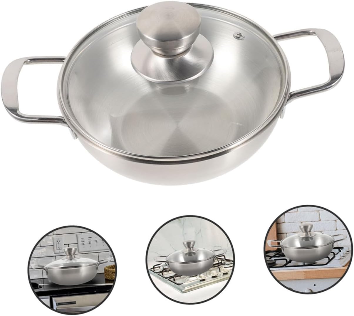 1set Household Double Handle Stainless Steel Wok Portable Cooking Pan for Home Kitchen - Cookware for Stir-frying and Hot Pot Ergonomic Design Insulated Handles