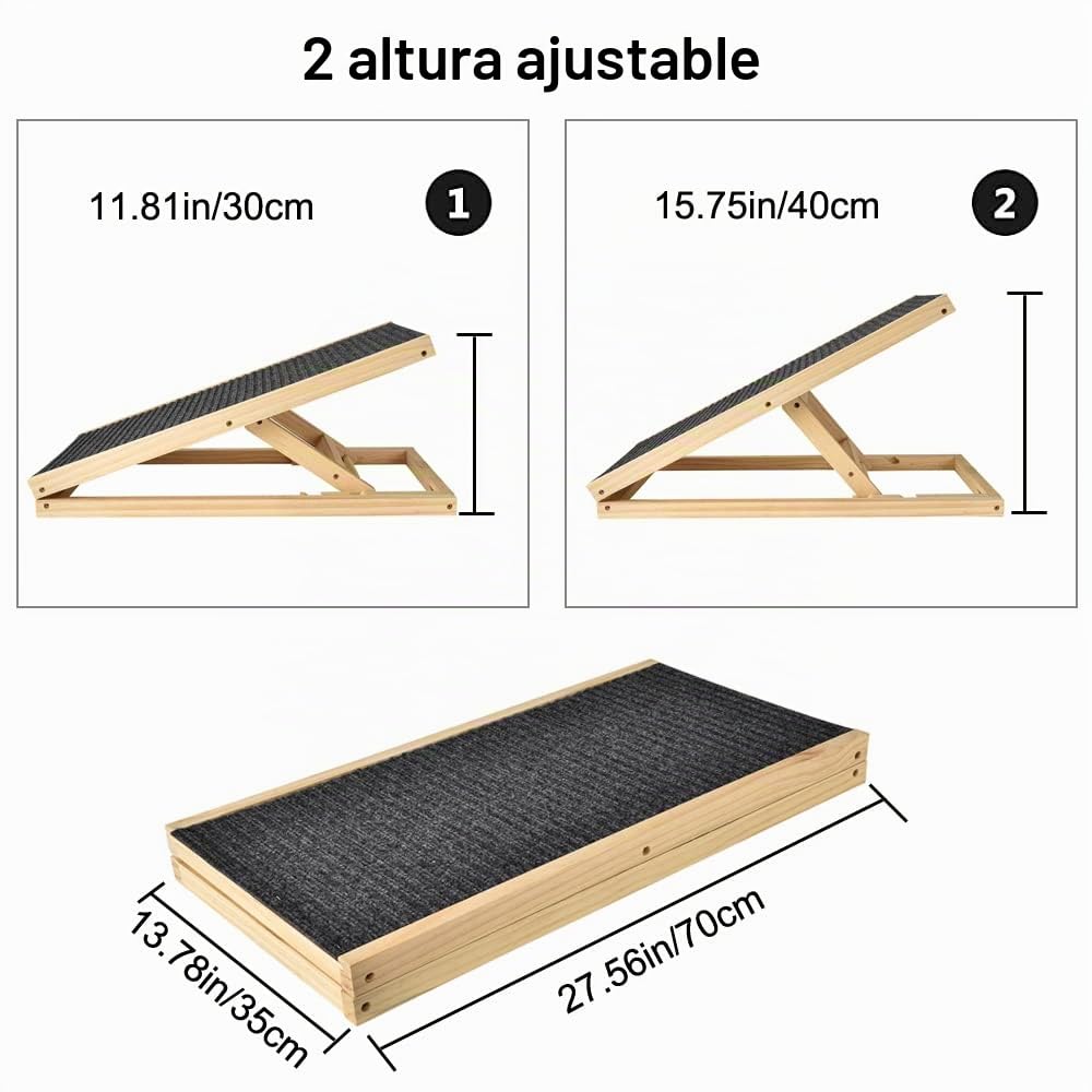 Rampa para Perros de 70x35cm, rampa de Madera Maciza para Mascotas, Escalera de Coche, Altura Ajustable, Alfombra Antideslizante, para Mascotas, Viajes, Coche, Furgoneta, 2 Unidades separadas
