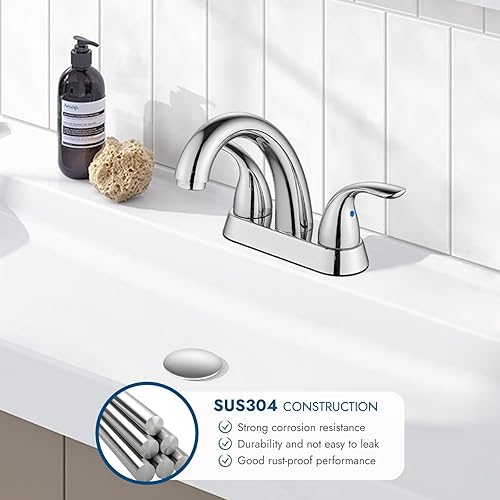 Miniatura 5 de Grifo de baño central de 4 pulgadas montado en la cubierta de 2 manijas para lavabo con montaje de drenaje desplegable, cromo pulido