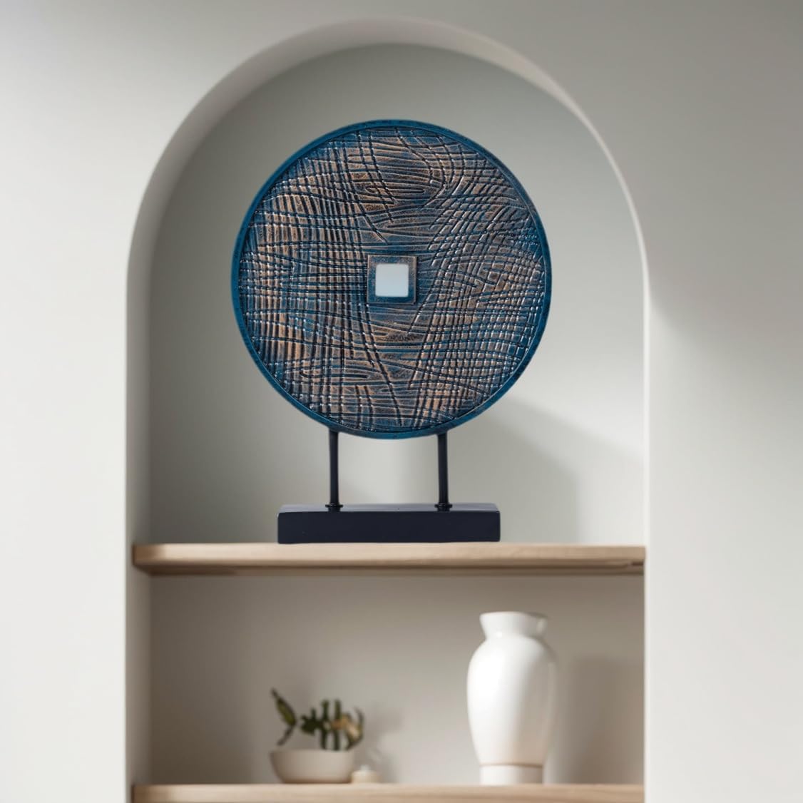 Unique Round Coin Sculpture Decorative Objects for Shelf Home Decor Accents, Modern Abstract Tabletop Decor Items for Living Room Fireplace Mantel, Above Cabinet (Blue)