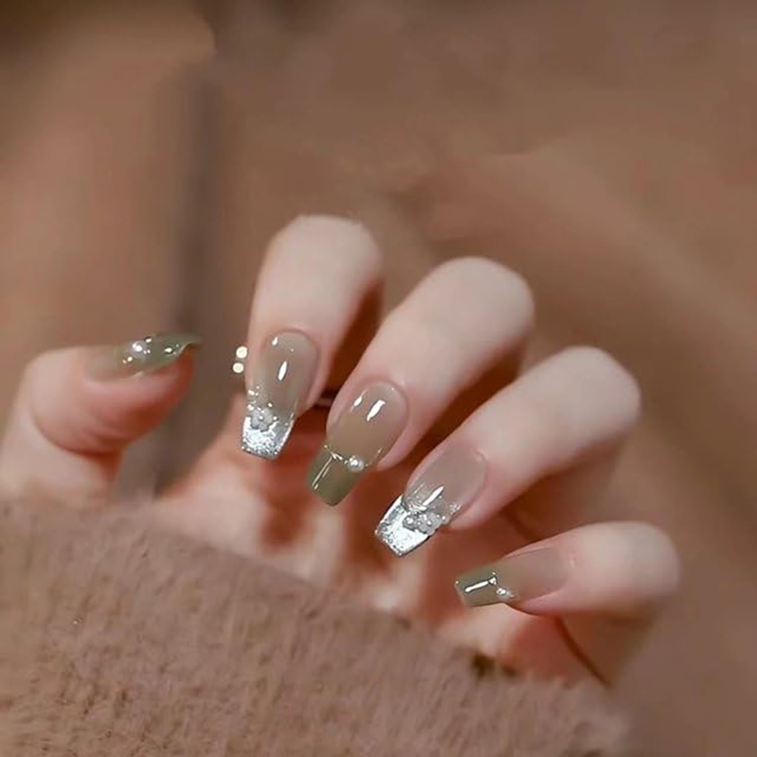 KRESHU 24 Pcs Ballerina Coffin Green Smalto Cat Eyes Gradient Nails Flower Pearl Decorate Press on Nail Full Cover Stick on Fake Nails Kits for Womens, Girls, Wedding Gifts(1-Set)-image-41