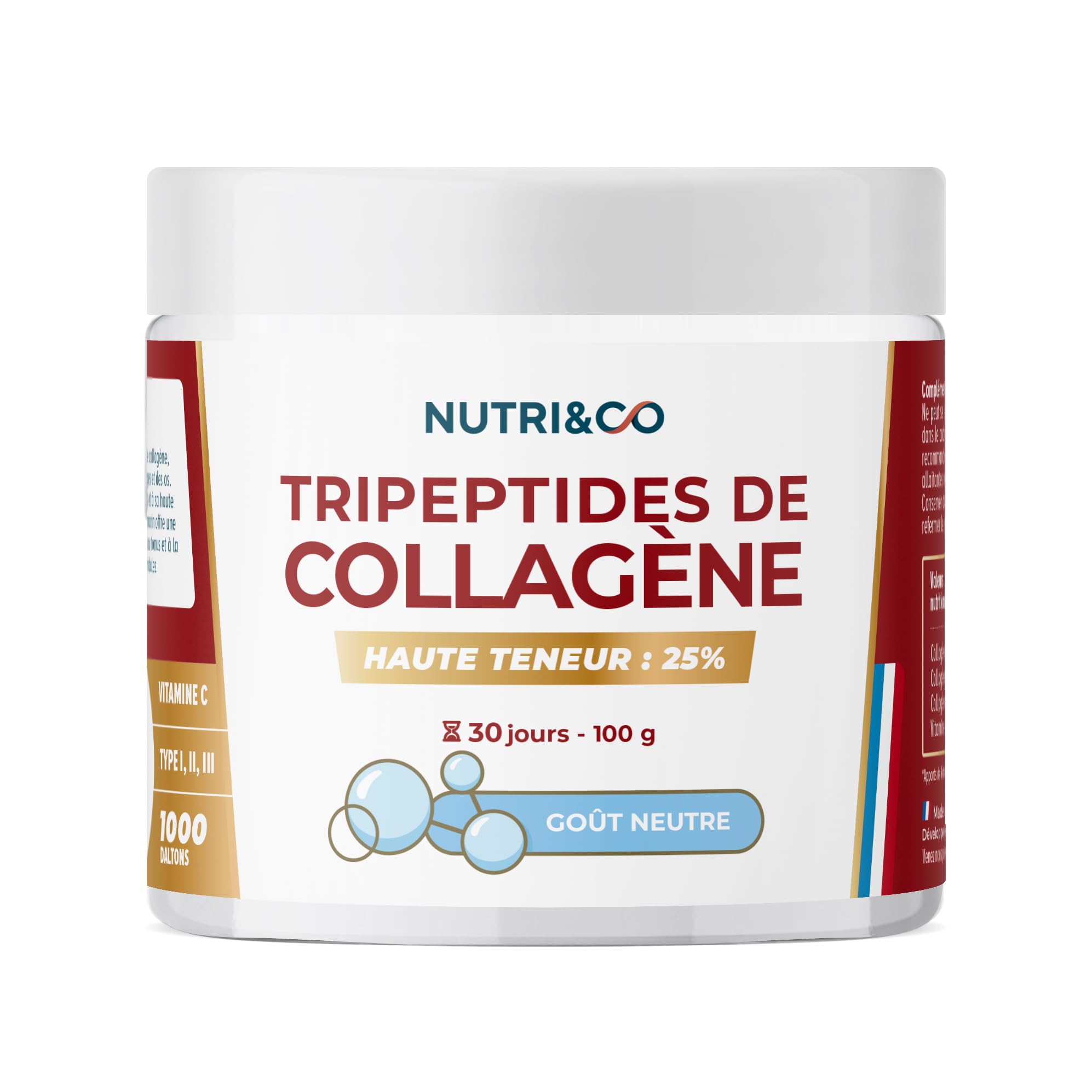 NUTRI & CO Tripeptides de Collagène + Vitamine C – Peptides Premium Biodisponibles 1000 DA – Morikol®, Solugel® Supra & Cartidyss® – 100g Goût Neutre 30jrs, Fabriqué en France
