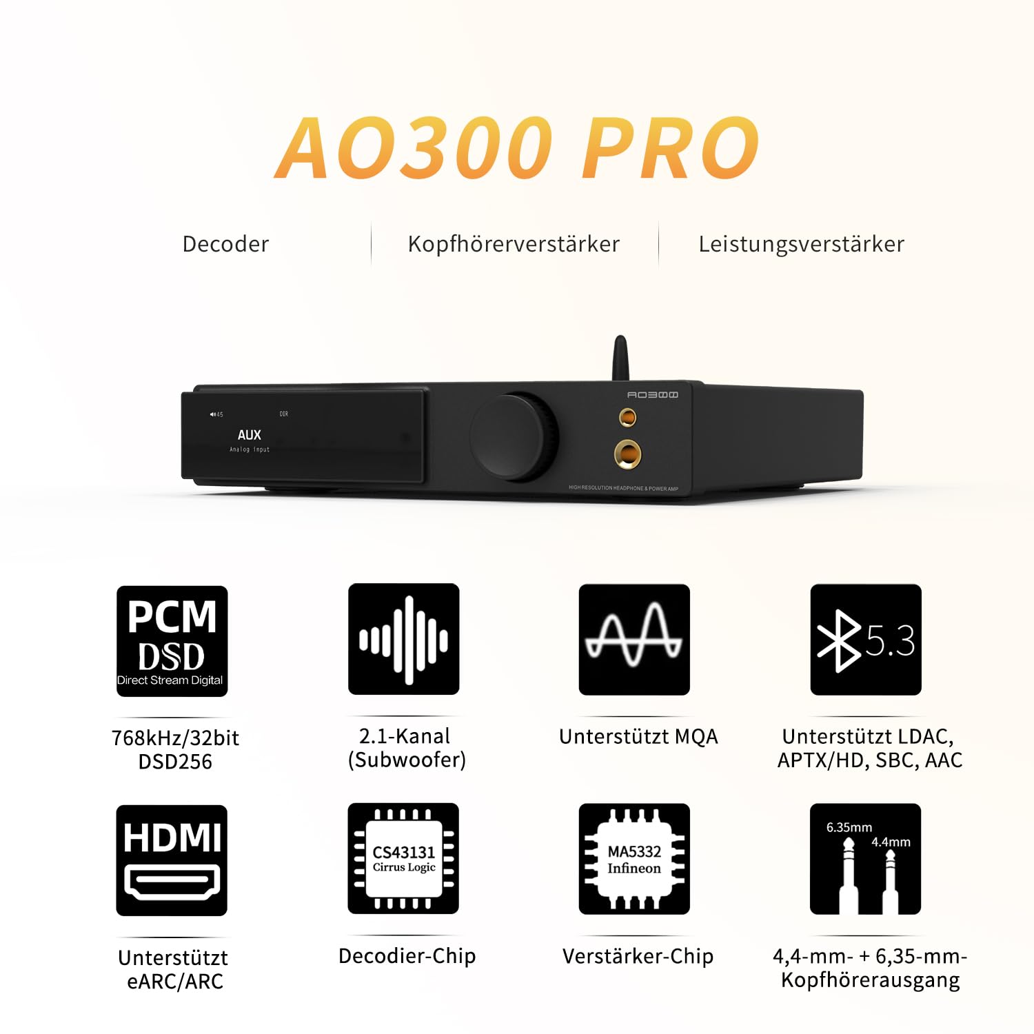 SMSL AO300 PRO DAC-Verstärker | CS43131 USB/Coax/Opt/RCA Eingang MQA-DAC | 165W MA5332MS 2.1-Kanal Stereo-Verstärker | 4.4mm/6.35mm Hi-Fi Kopfhörerverstärker | Klasse-D Digitaler Amp