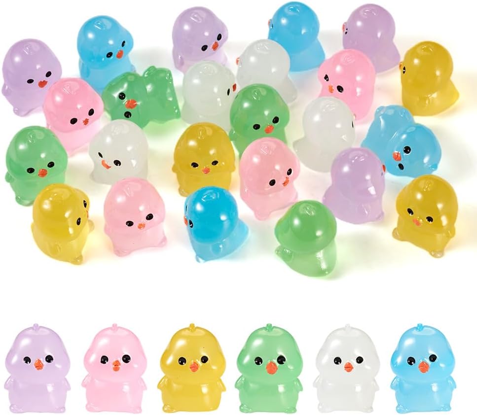 KISSITTY 24Pcs Glow in The Dark Chick Miniature Figurines Colorful Small Chick Figures Luminous Chick Resin Ornament for DIY Fairy Garden Micro Landscape Home Decoration