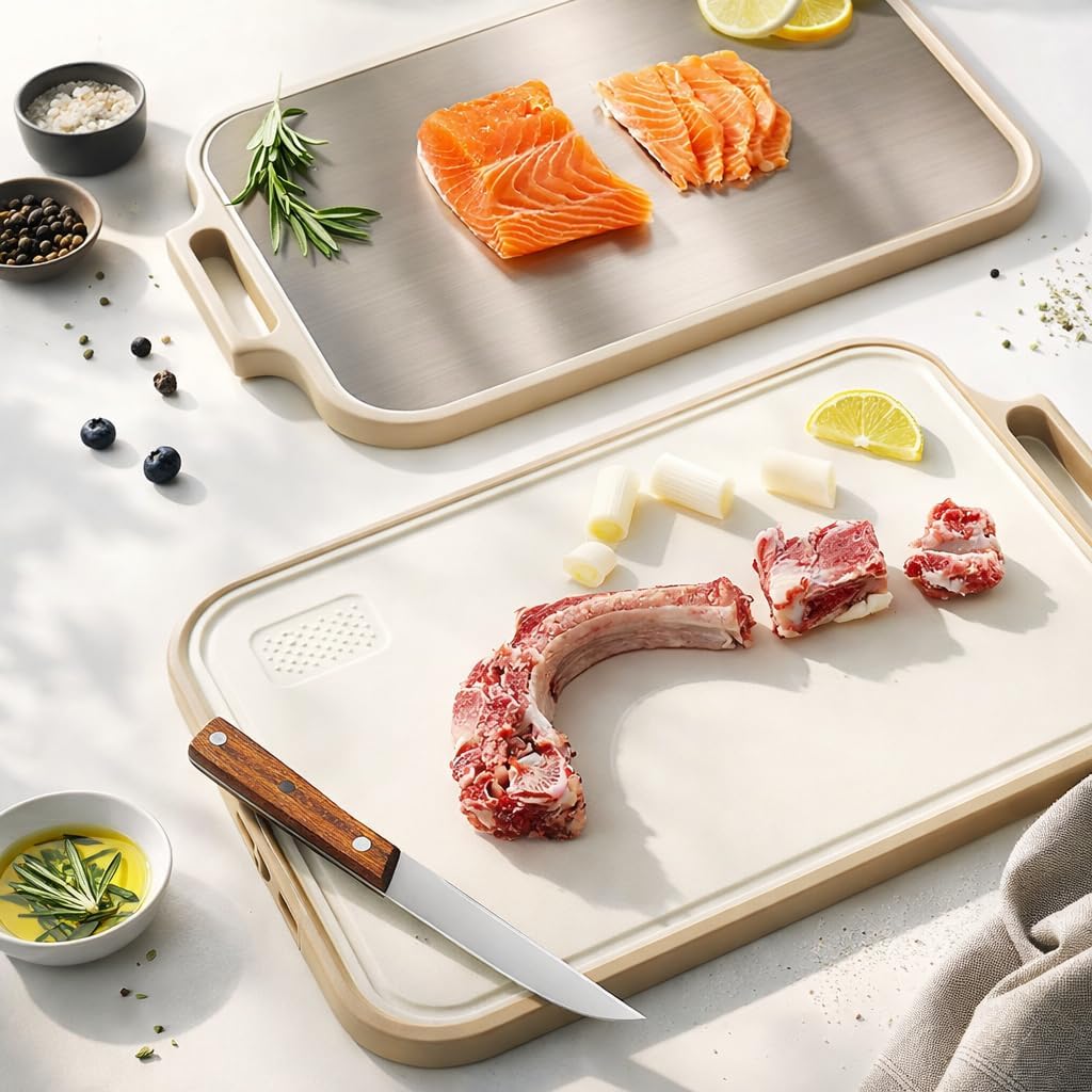 Stainless Steel Cutting Board, Double Sided Steel Cutting Boards for kitchen, Non Toxic Stainless Steel/Wheat straw pp Large size for meat,17 * 11 Inch,Dishwasher Safe,luxury style Aesthetic chopping