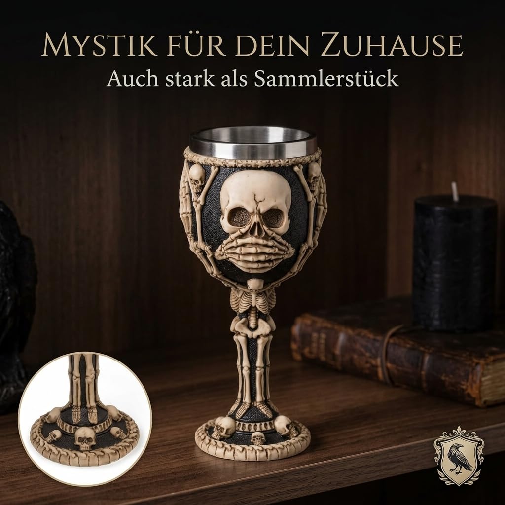 MIJOMA 3D-Totenkopf Weinglas Becher – Schädelbecher aus Kunststein und Edelstahl, mittelalterlicher Wikinger Krug, 300ml Fassungsvermögen (sieh nicht, hör nicht, sprich nicht)
