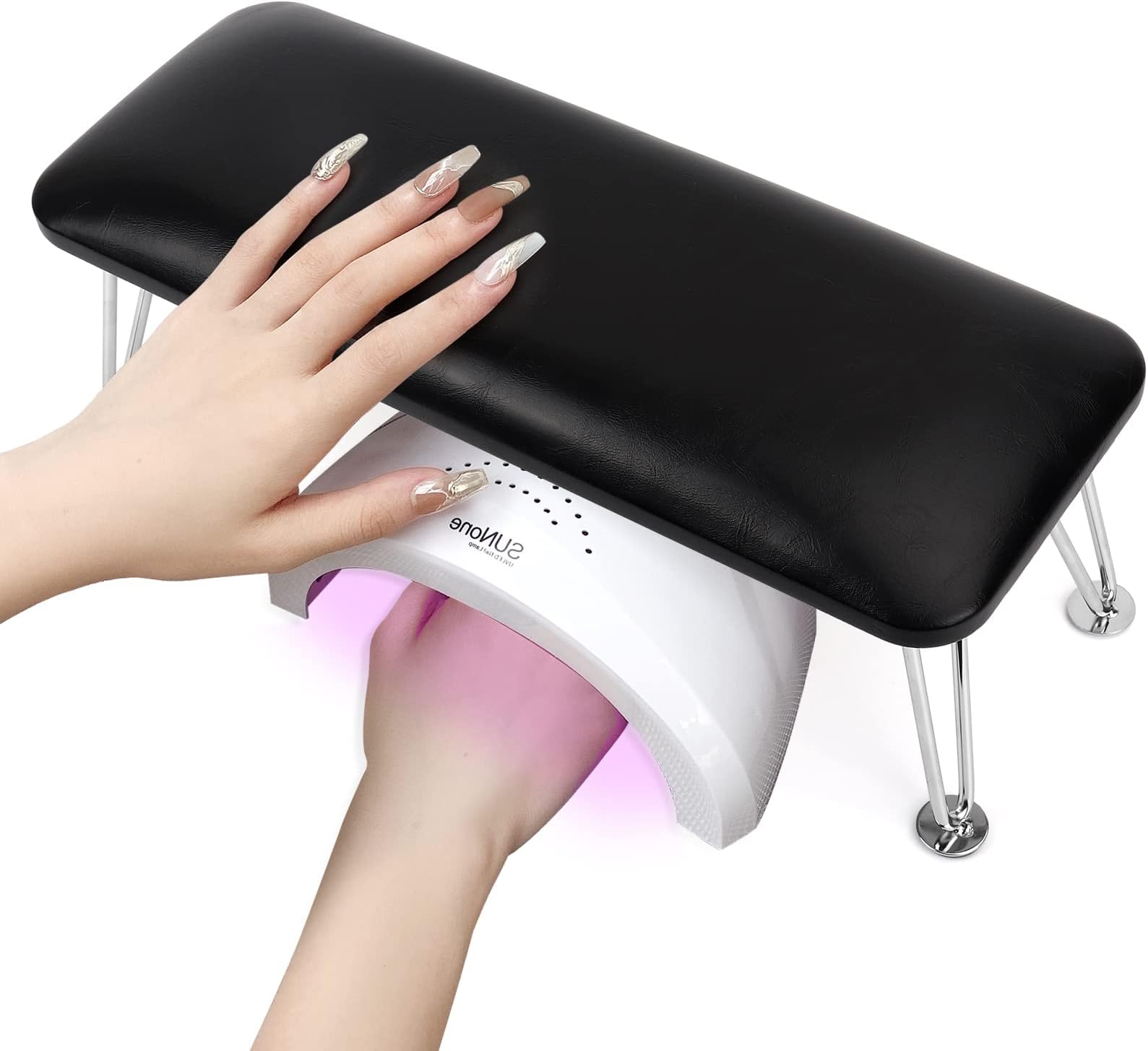 Nail Arm Rest for Acrylic Nails, Microfiber Leather Nail Hand Rest Cushion for Nails, Soft Hand Pillow Footstool with 4 Stainless Steel Stands Thick Sponge Nail Pillow for Nail Tech Use (Black)