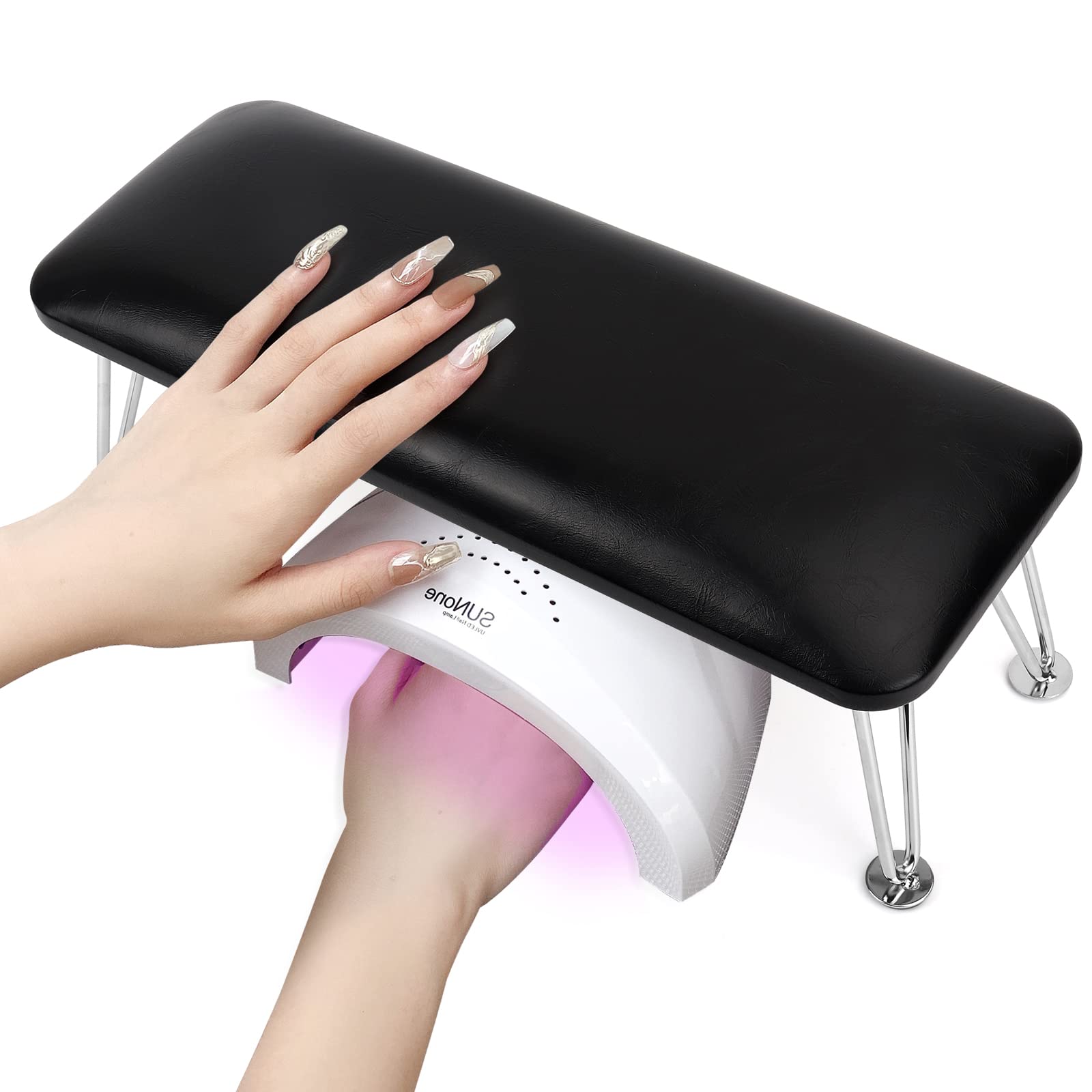 Nail Arm Rest for Acrylic Nails, Microfiber Leather Nail Hand Rest Cushion for Nails, Soft Hand Pillow Footstool with 4 Stainless Steel Stands Thick Sponge Nail Pillow for Nail Tech Use (Black)