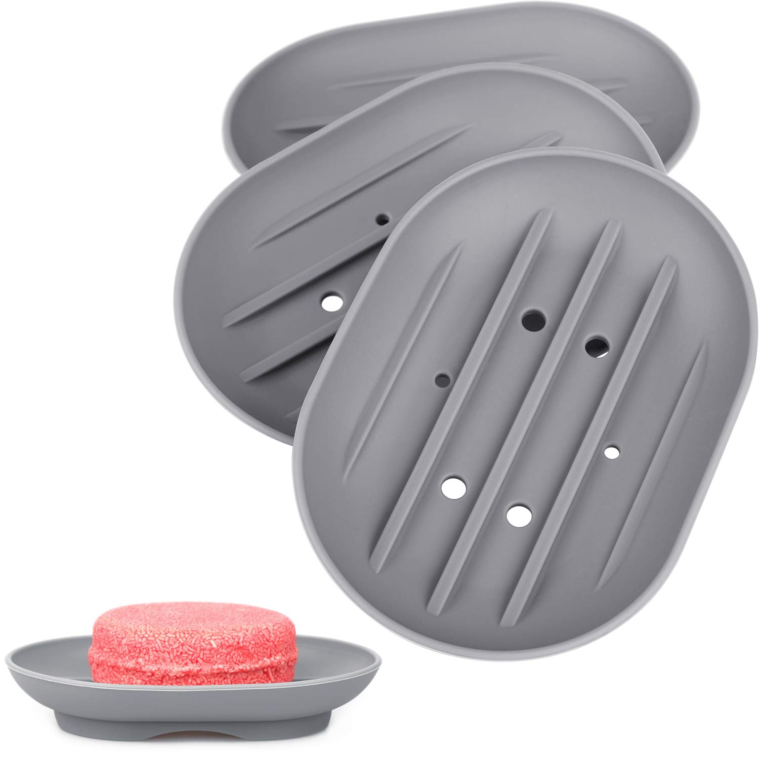 Anwenk Soap Dish, Bathroom Soap Dishes Soap Holder Soap Tray with Holes to Drain Water- Oval Shape Soap Dish for Shower Bathroom Kitchen Counter Top, Keep Bars Dry - Flexible Silicone Grey, 3 Pack