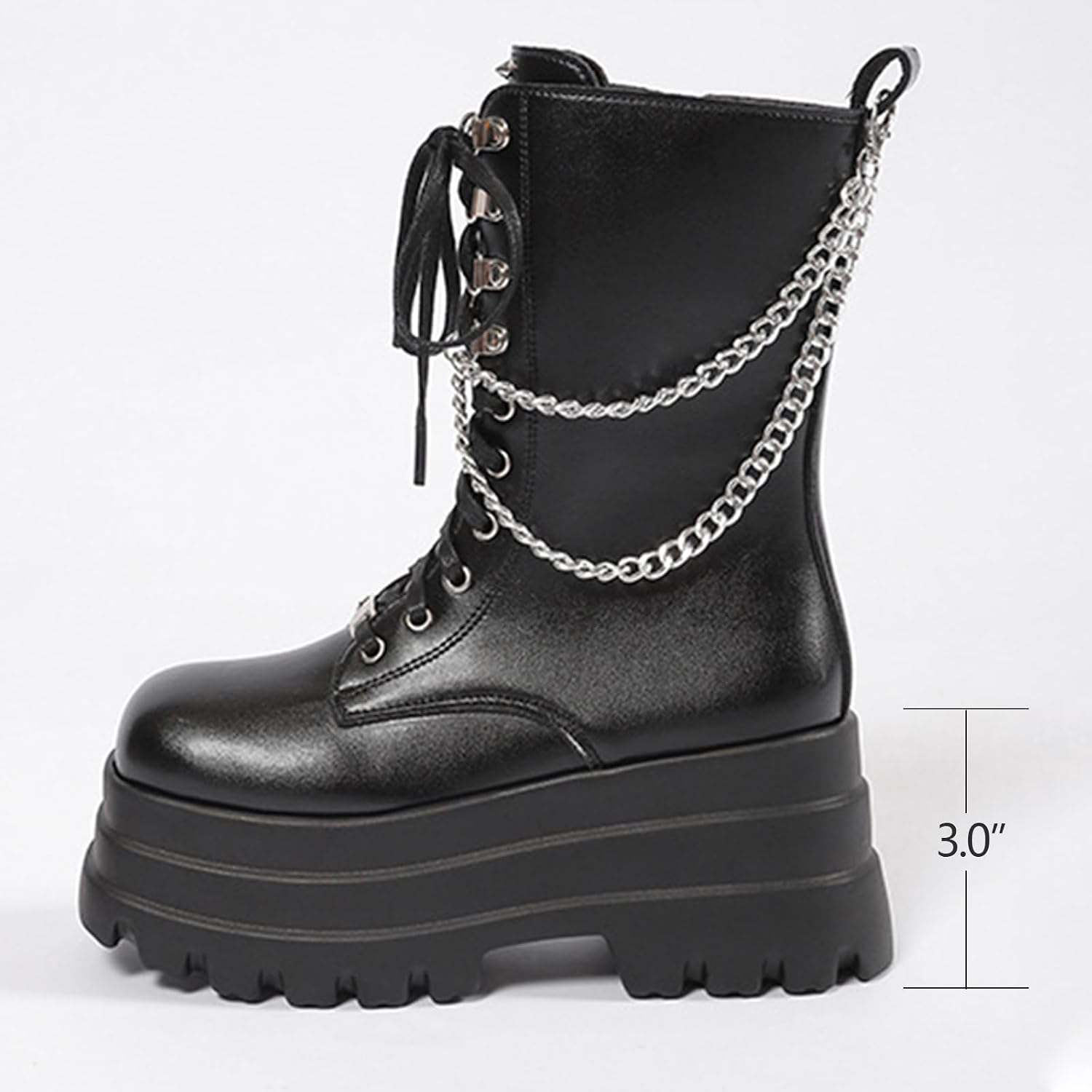 Womens Goth Platform Combat Boots Fashion Studded DIY Chain Punk Mid-Calf Boots Side Zip Lace-Up Round Toe Lug-Sole Rave Booties