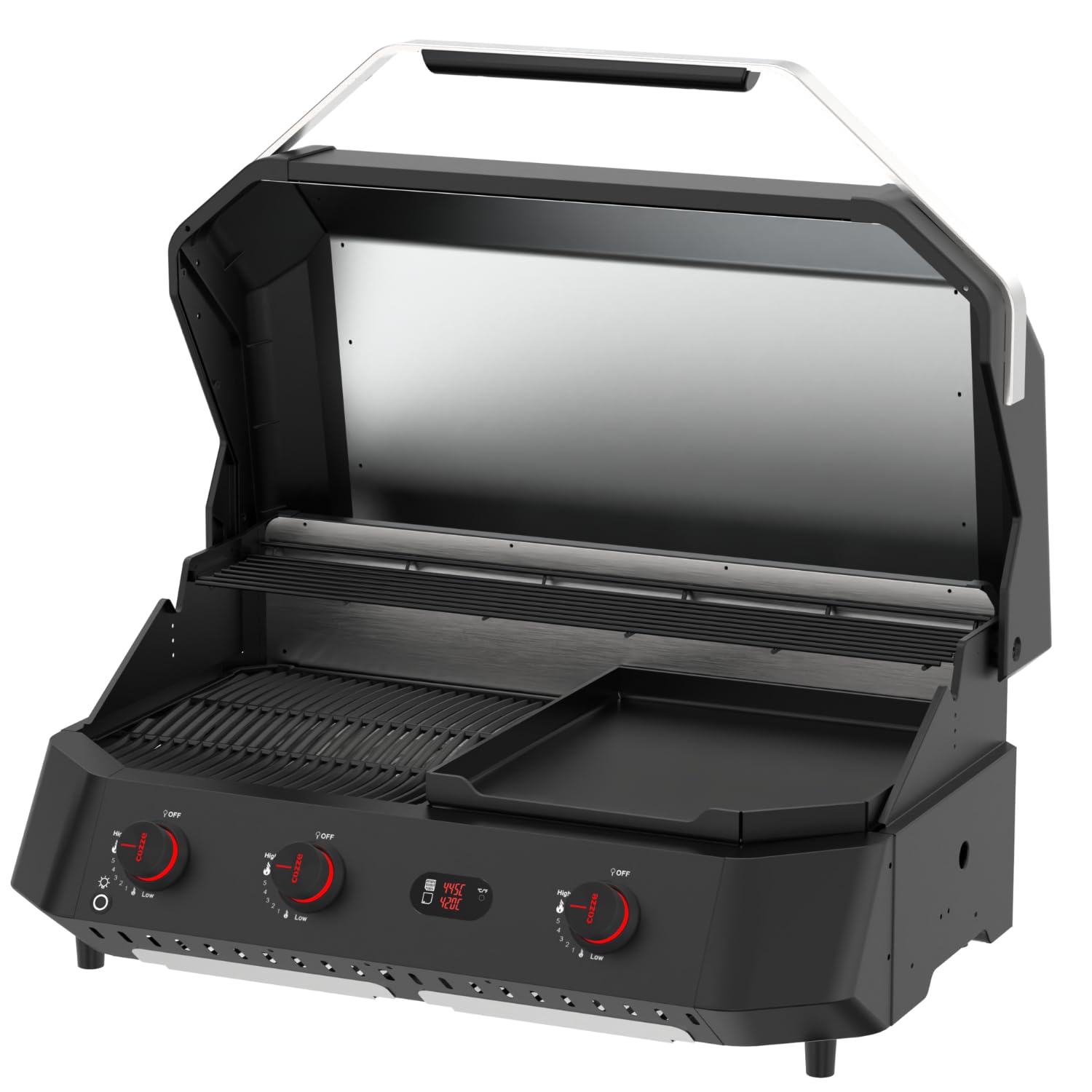 Cozze® G-800 COMBO Plancha-Grill – 3 Brûleurs – 9,5 kW – Grill + Plancha en Fonte Émaillée – 50mbar – Régulateur Inclus – Barbecue Gaz Haute Performance