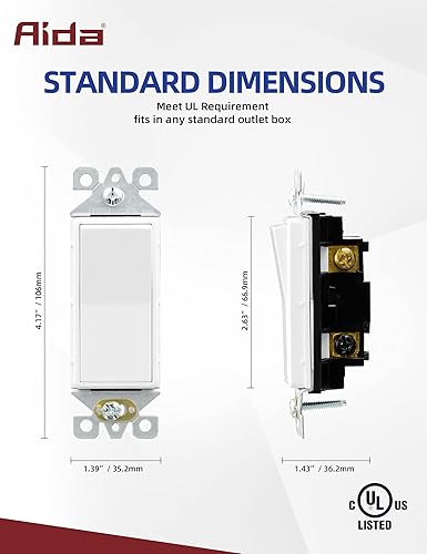 Miniatura 3 de AIDA Interruptor de luz de paleta de decoración de 3 vías solo polo o tres vías 3 cables tornillo de conexión a tierra grado residencial 15 A