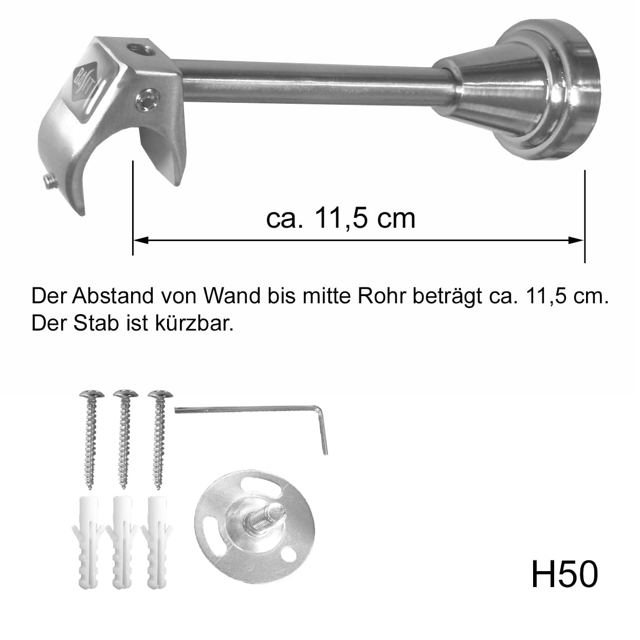 BASIT Gardinenstange Innenlauf Edelstahllook 20mm 1-läufig Wand 320cm H50I | Gardinenstangenset einläufig Wandmontage Metall Vorhangstange Wandhalterung 120-600cm wählbar Kappe E30
