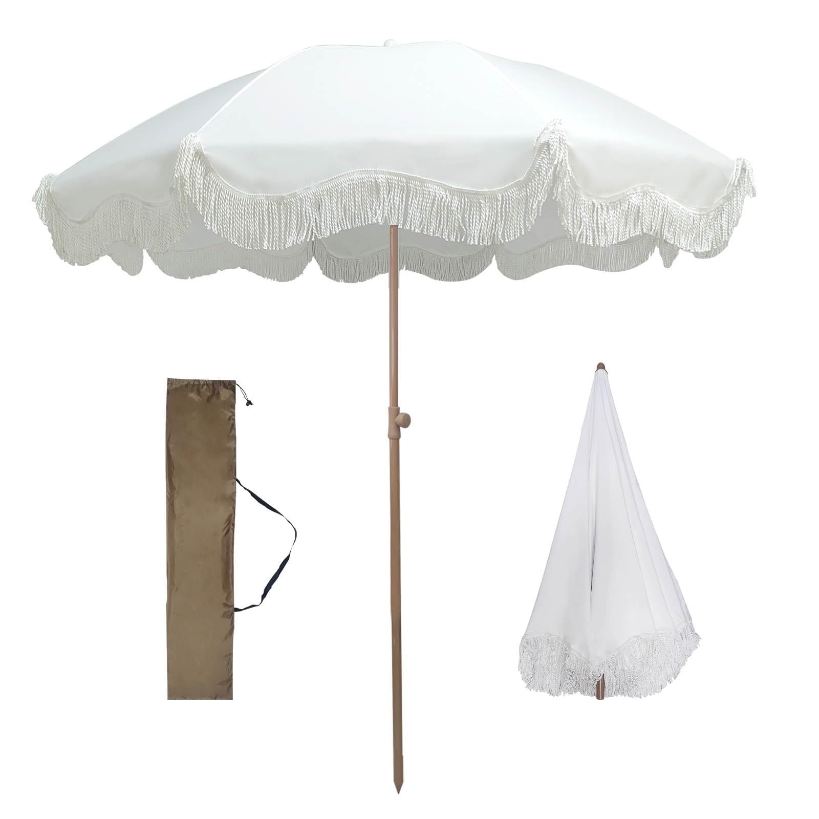 200 CM Przenośny Parasol Ogrodowy Boho Fringe, Parasol Ogrodowy na Patio, Ochrona UPF50+, Odchylany Parasol Plażowy na Balkon, Rynek, Podwórko
