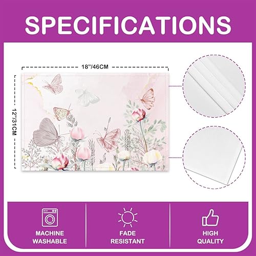 Miniatura 4 de Manteles individuales de mariposa de 12 x 18 pulgadas para mesa de comedor, manteles individuales dibujados a mano, mariposas, flores, plantas