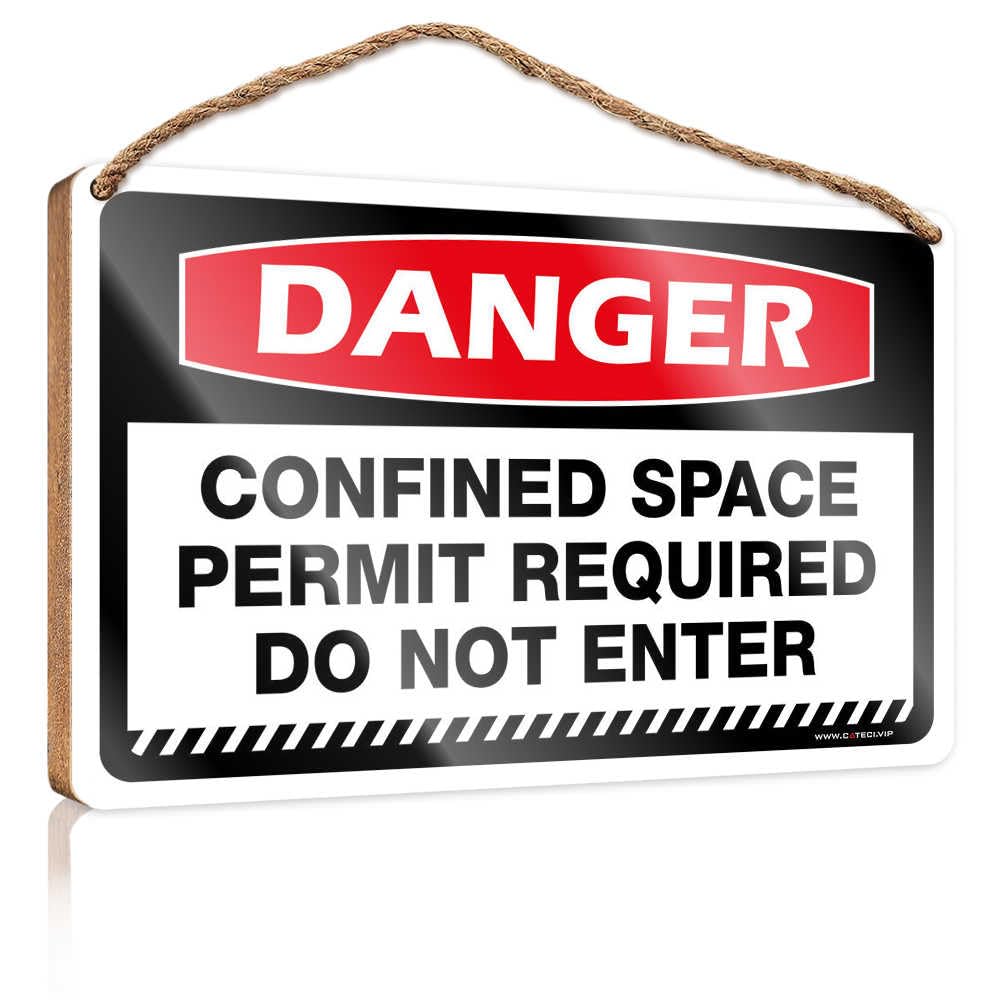 HMQW Hanging Wooden Plaque Danger Confined Space Permit Required Do Not Enter Wooden Sign Spring Porch Sign Front Door Hanging Decor(23X35CM)