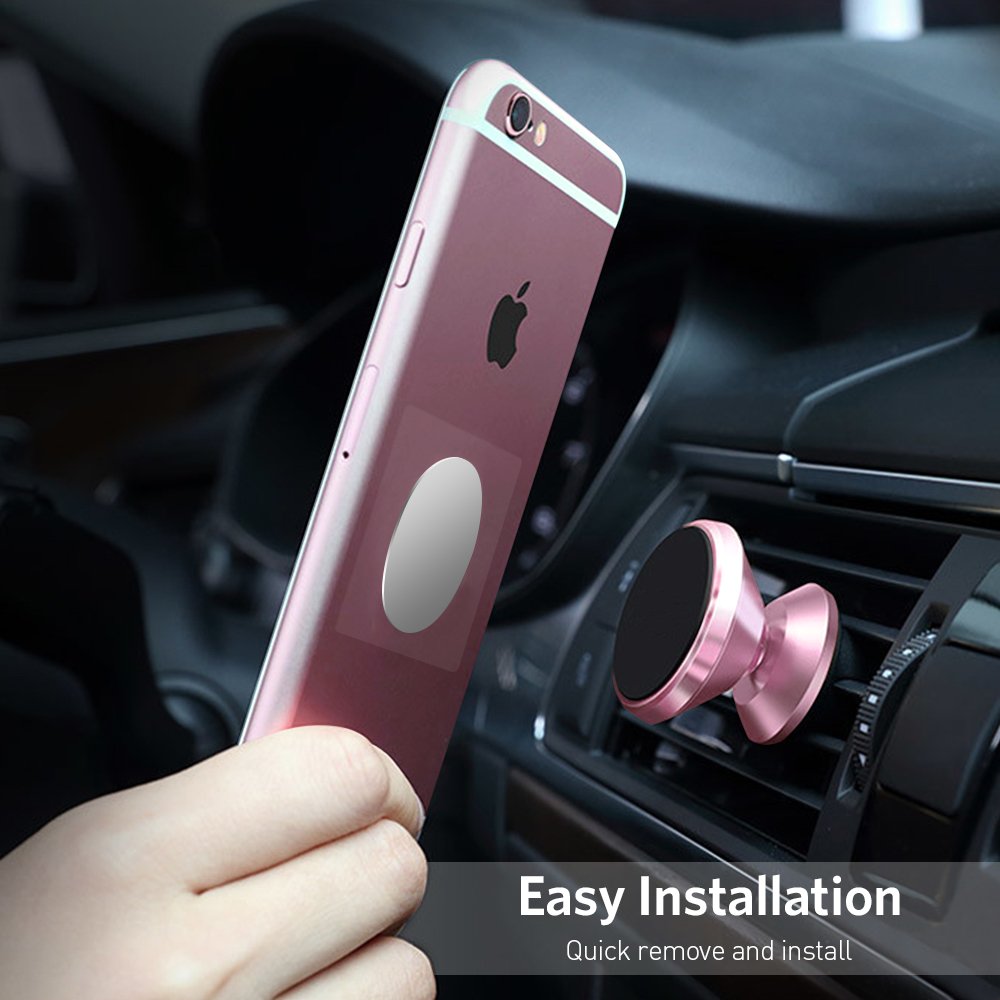 Magnetic Car Phone Mount - Universal Aluminum Car Phone Mount Holder for Air Vent with Two Plates for Cellphone like iPhone X /8 / 8 Plus/ 7 / 7 Plus / 6S / 6S Plus and Android Smartphones (Rose Gold)