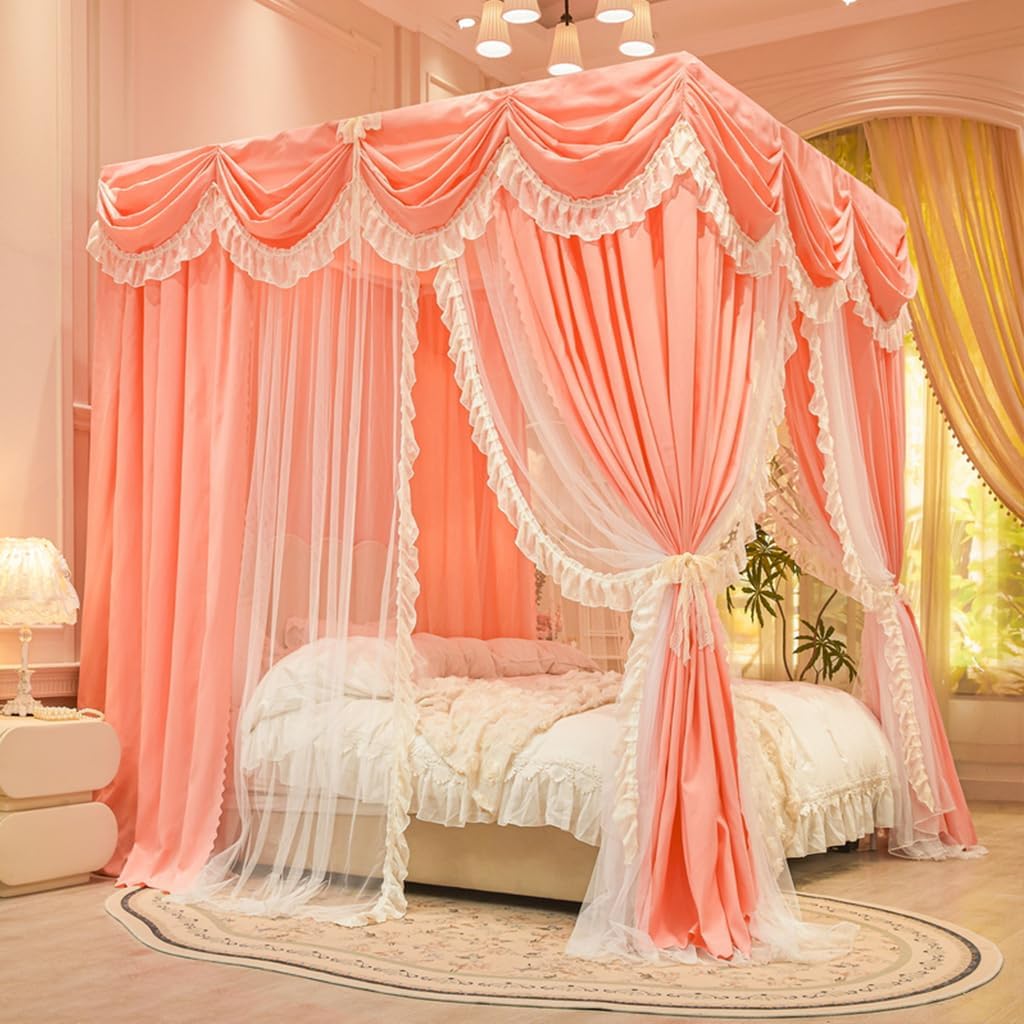 Elegant Luxury 4 Corners Post Solid Color Bed Canopy Curtain Double Layer-Curtain & Ruffle Princess & Mosquito Net For Girls Teens Or Adults Bedroom Decoration (Jade, 78"W x 86"L (Pack of 1))