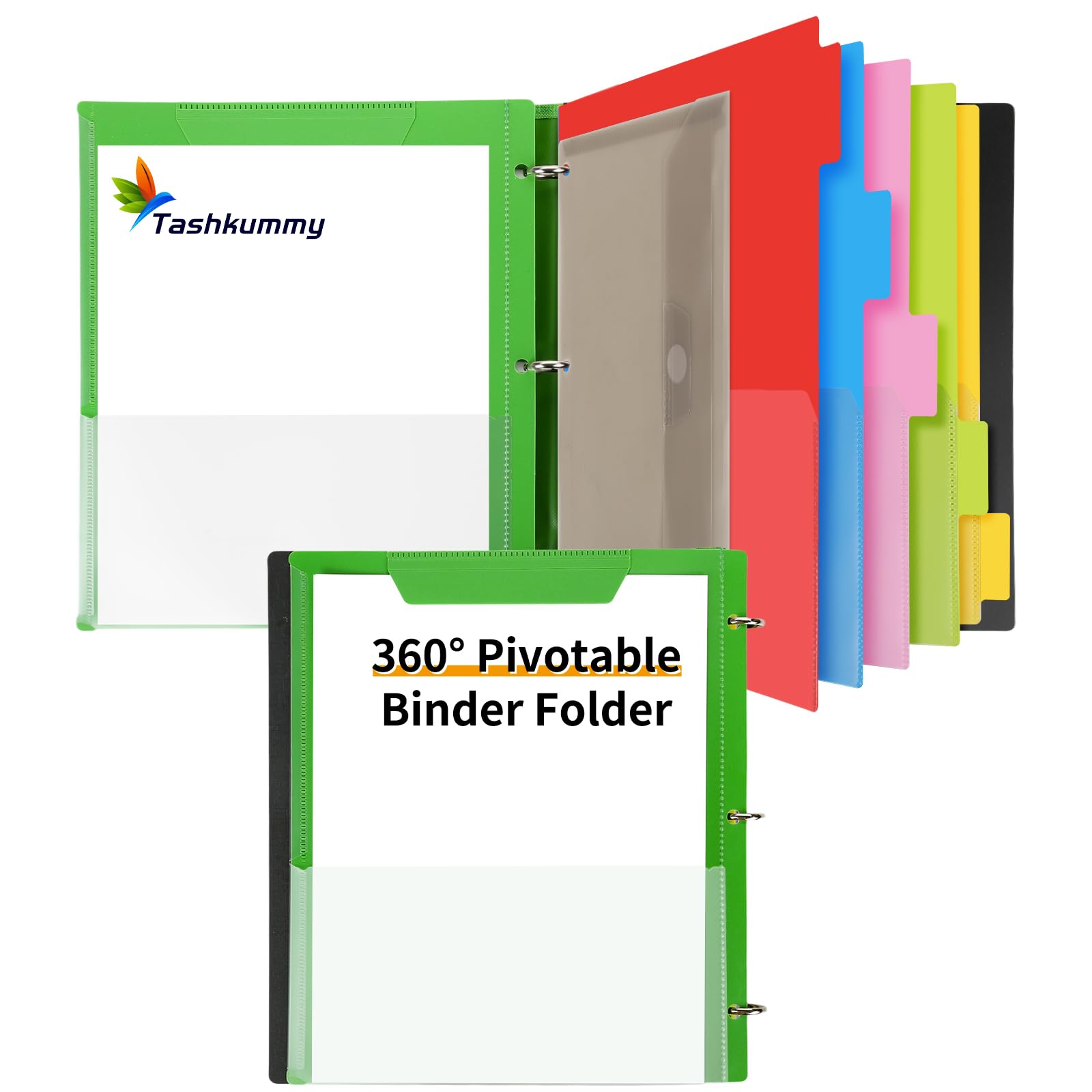 Tashkummy 360 Pivotable Project Organizer, 3 Ring Binder with Colored Tab Dividers and Pockets, Customizable Front Cover Multi Pocket Folder for Home,