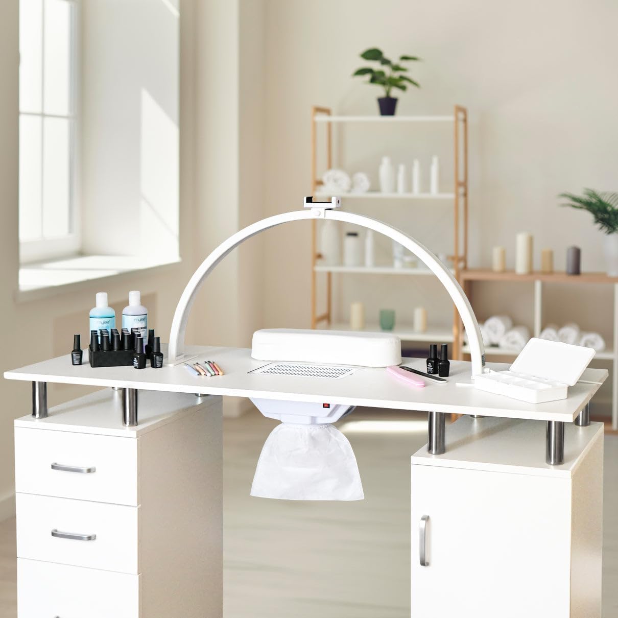 LED Halbmondlampe 75cm | 50W 3 Farben Warm- Neutral- Kaltweiß | 3000-6000K Dimmbar Temperatur | Maniküretisch-Licht Nägel Maniküre Nagelsalon [INKL. Handyhalterung & Klett- und Schaumstoffpads]