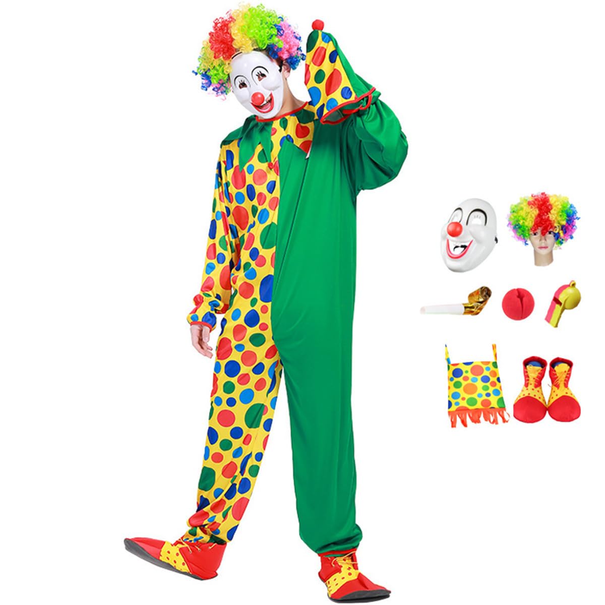 REWANGOING 11 Pcs Men's Clown Costume Set - Clown Suit Jumpsuit, Nose, Shoes, Hat, Wig, Mask, Bag, Whistle, Dragon for Halloween, Carnival, Circus by REWANGOING