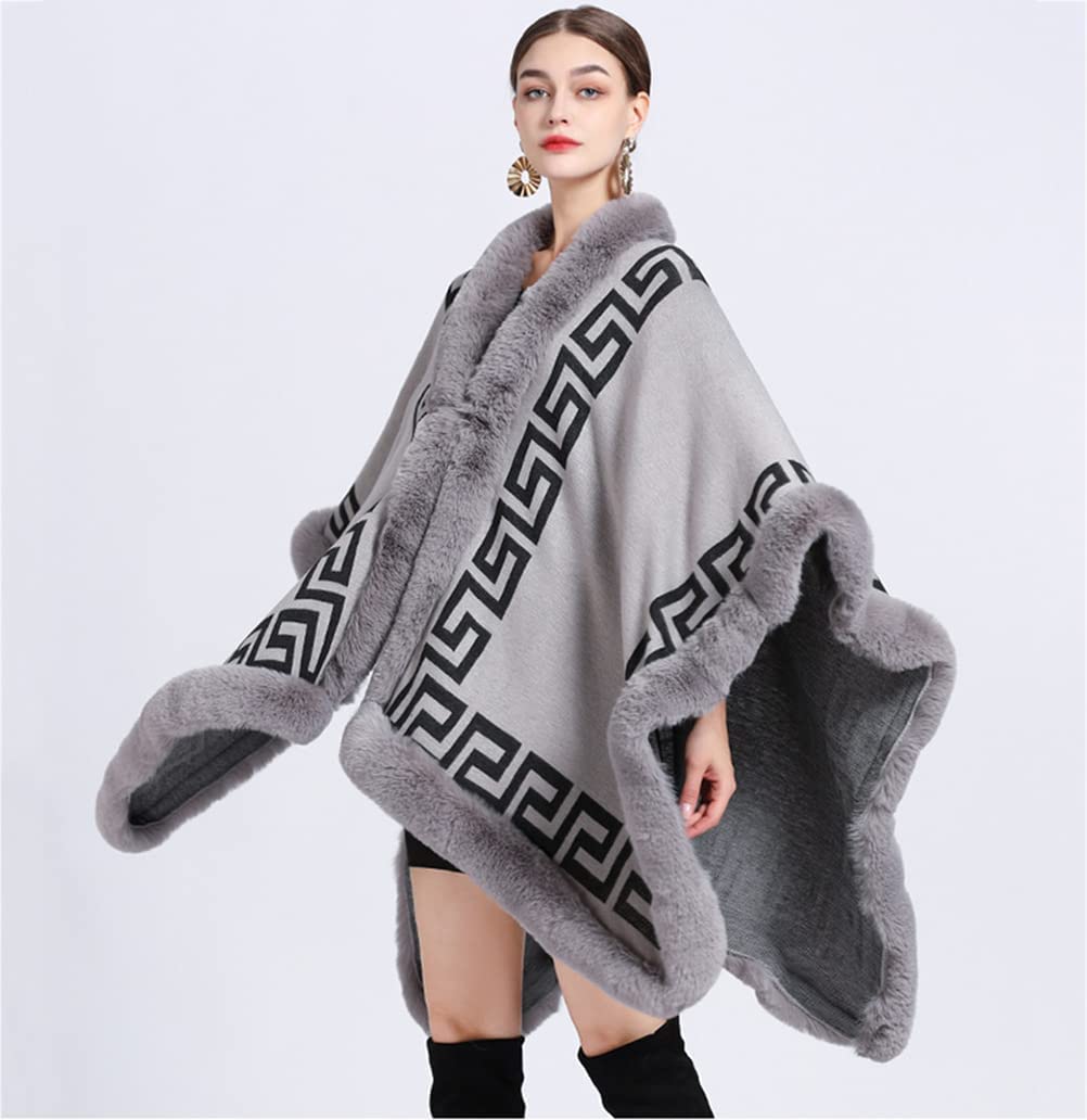Autunno Inverno Donne Fine Knit Sciarpa Collare Capo Cardigan con Faux Fur Trim Layers Poncho, Faux Rabbit Fur Capo Wrap Scialle Cappotto di Lana