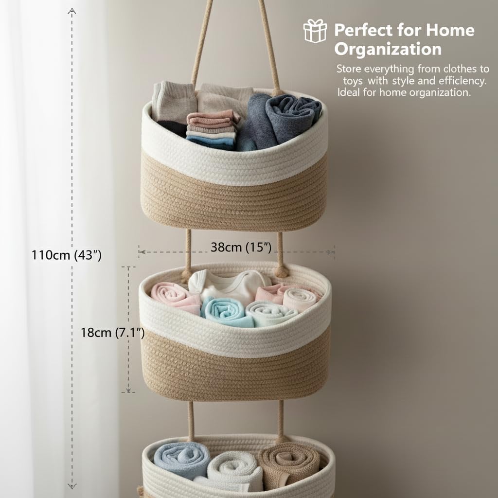 Hanging Wall Basket, Over the Door Hanging Basket with Hooks, 3-Tier Cotton Hanging Basket for Organizing, Decorative Boho Chic Decor for Wall, Bedroom, Living Room, Nursery, Whte & Jute - Image 3