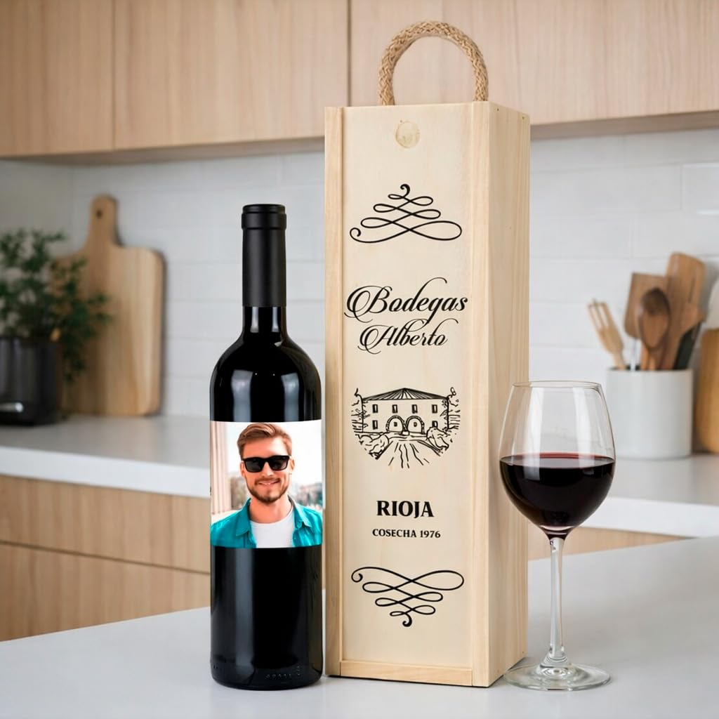 Botella de Vino Personalizada con Foto Caja Regalo Pareja Amigo Amiga Novio Novia San Valentín Cumpleaños día del Padre Cosecha (Caja 1 Botella)