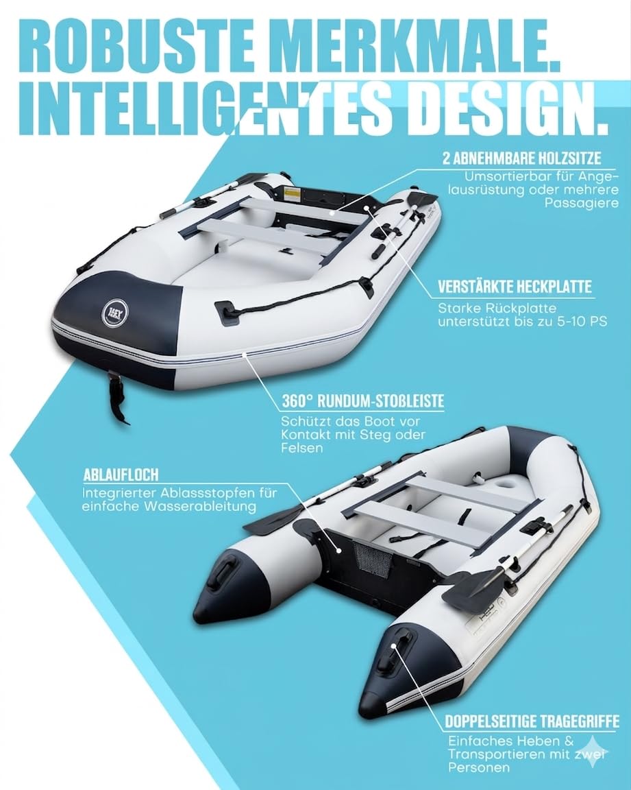 Hey Marina Schlauchboot Aufblasbares 3 m für 3–4 Personen – Wave, Motor geeignet, Freizeitboot, Paddelboot, Angelboot – Mit 2 Sitzbänken, Drop-Stitch-Boden, Paddel, Pumpe, Reparaturset & Tasche