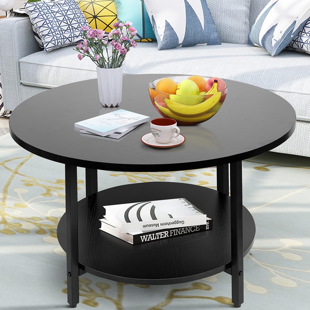Round Coffee Table,2-Tier Living Room Table with Storage,27.6" Wood Circle Coffee Table with Metal Frame and Wood Desktop,Easy Assembly,Black