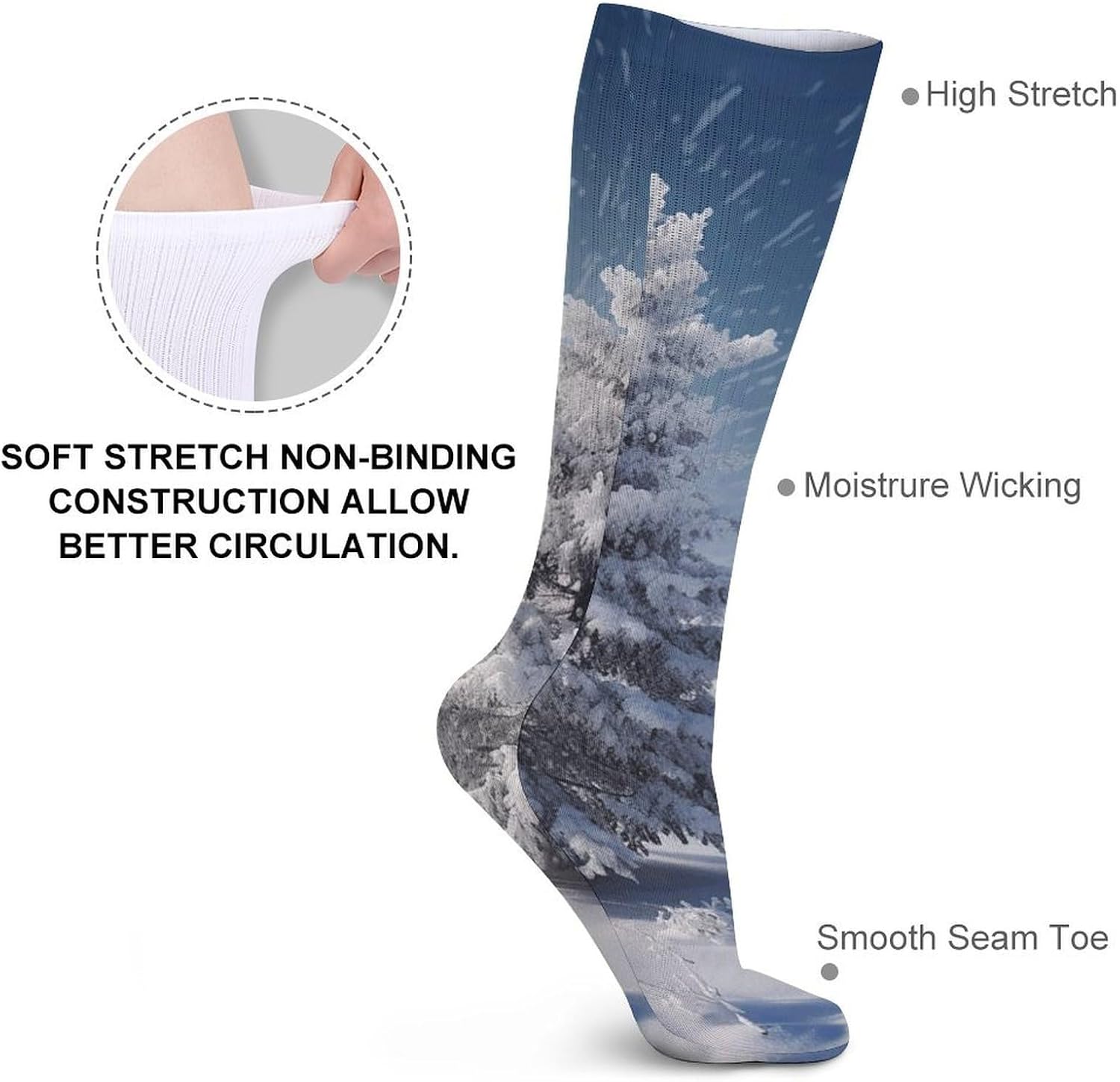 Breathable Crew Sock, Moisture Wicking, Athletic Calf Socks, Cozy | Snow Pine Tree Christmas Compression Socks for Women Men, Lightweight High Work Socks for Business, Casual