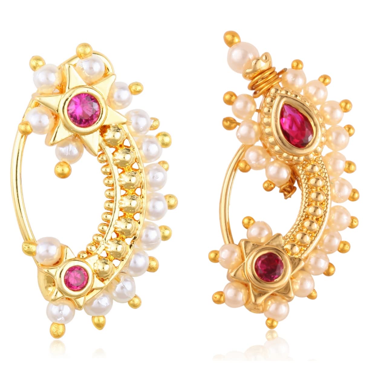 Vighnaharta Gold Plated Mayur Design with Pearl and Artificial stone Alloy Maharashtrian Cultural Nath Nathiya./ Nose Pin valentine day gift valentineday gift for her gift for him gift for women gift for women[VFJ1067-1133NTH-Press-Red]-image-8