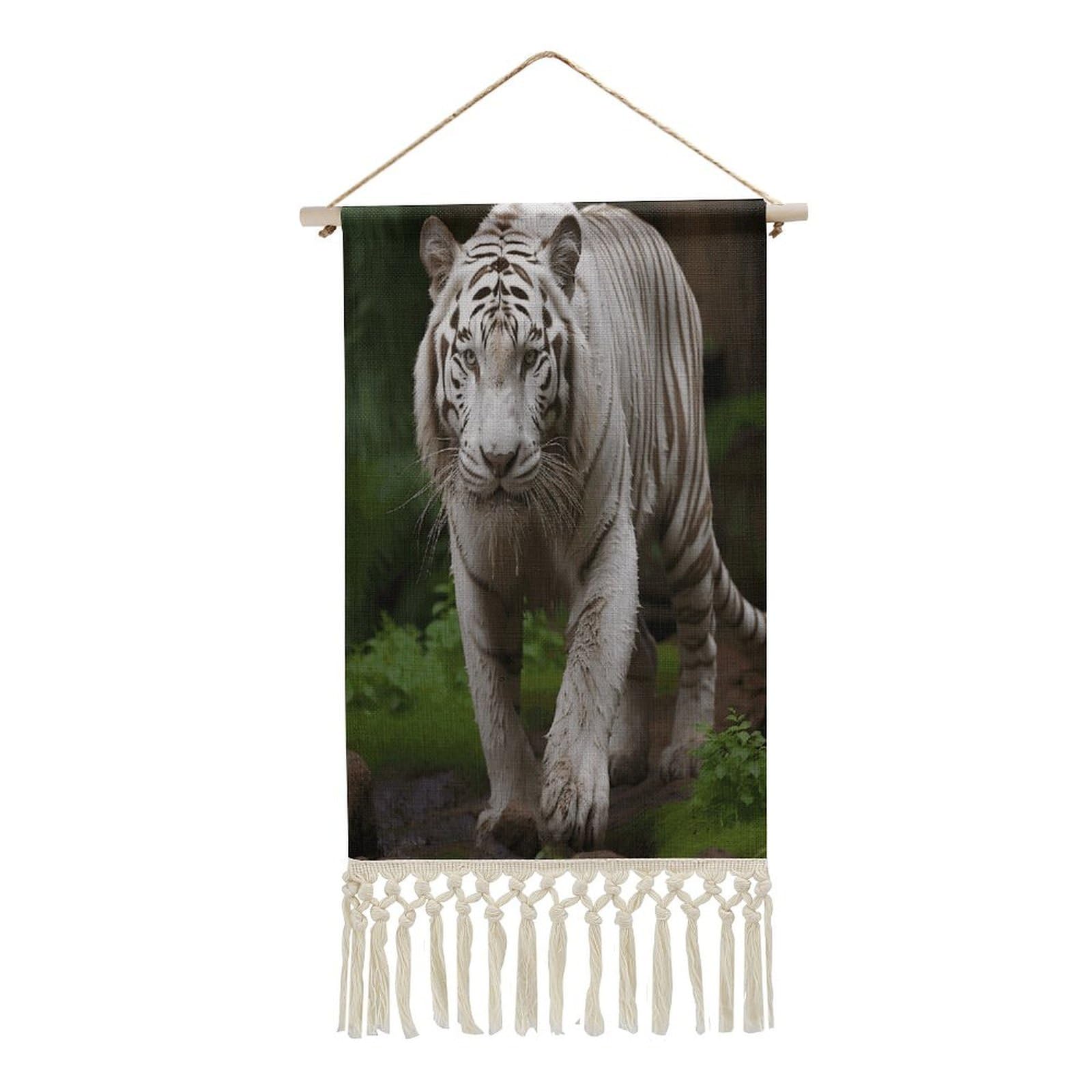 VstaDank Majestic White Bengal Tiger Wall Art Decor with Tassels 20"x10" Cotton Linen Hanging Tapestry Decor Wall Art Prints Wood Frame Boho Wall Art Poster for Bedroom Living Room Office