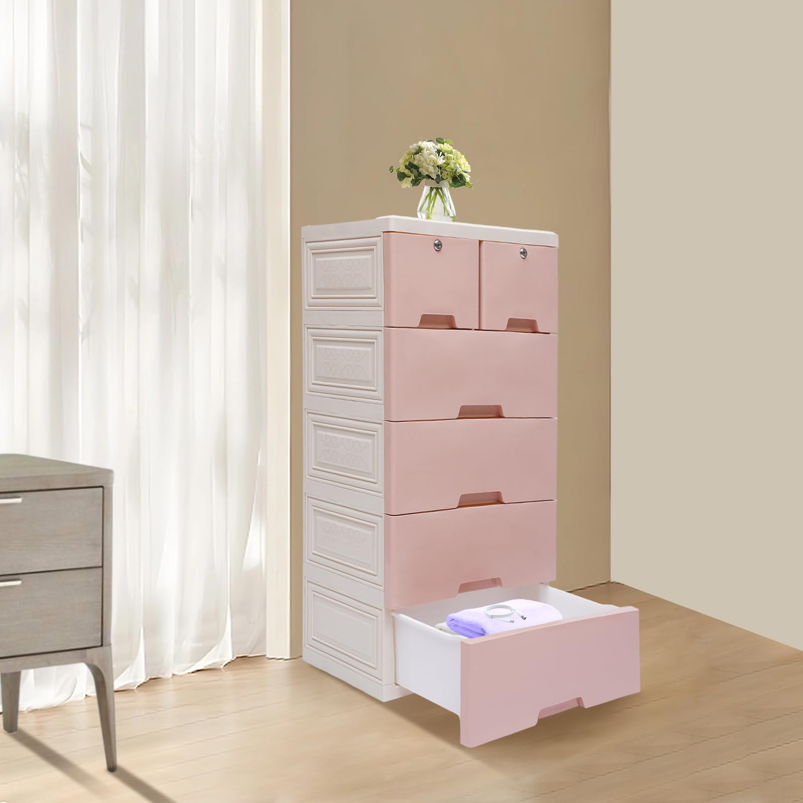 Cassettiera su ruote, 6 cassetti grandi, in plastica PP, per cucina, bagno, soggiorno, ufficio, 102 cm (rosa)