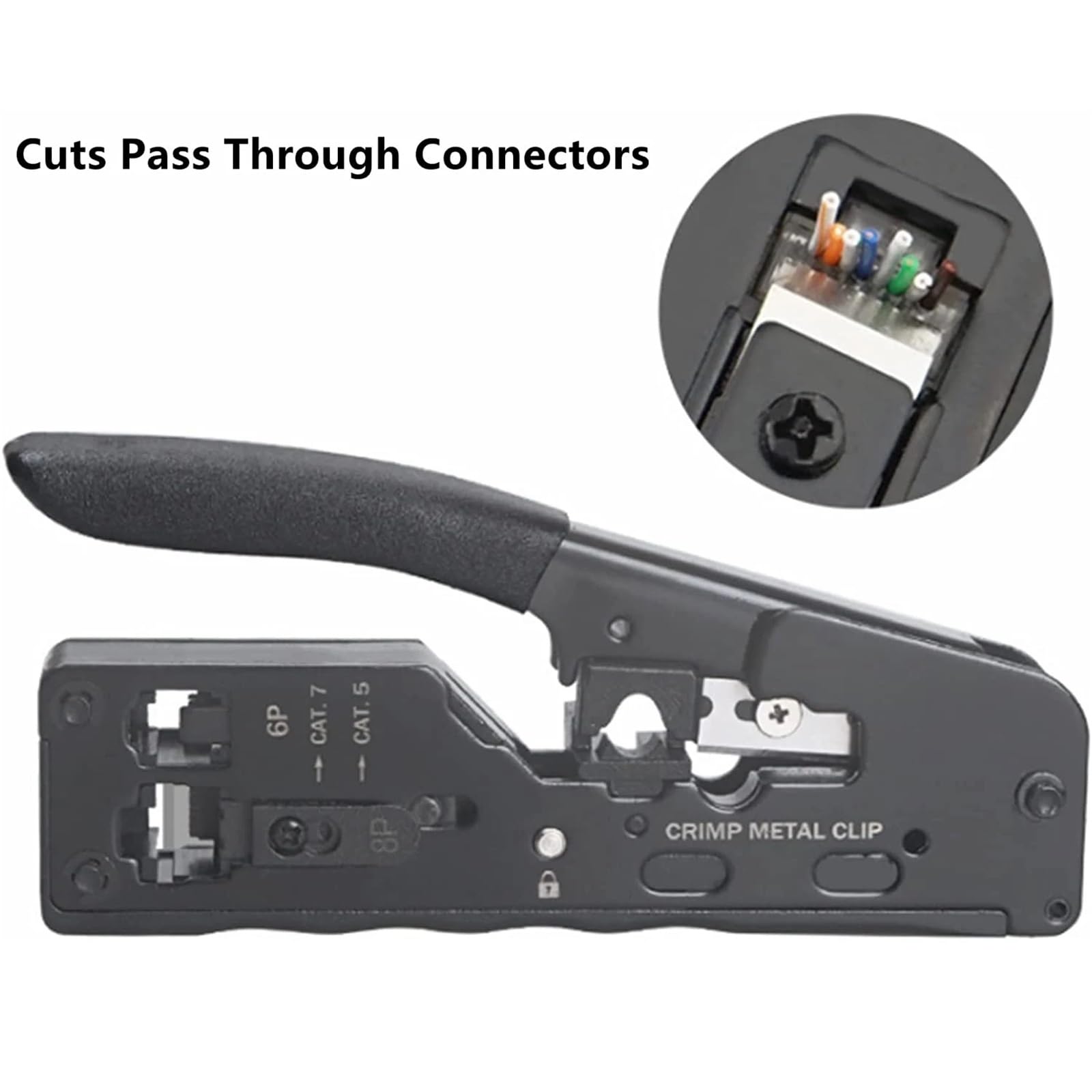 Crimpatrice passante all-in-one for connettori di rete standard e schermati RJ45 RJ12 RJ11 e CAT5/5e CAT6 CAT6a CAT7(Black)