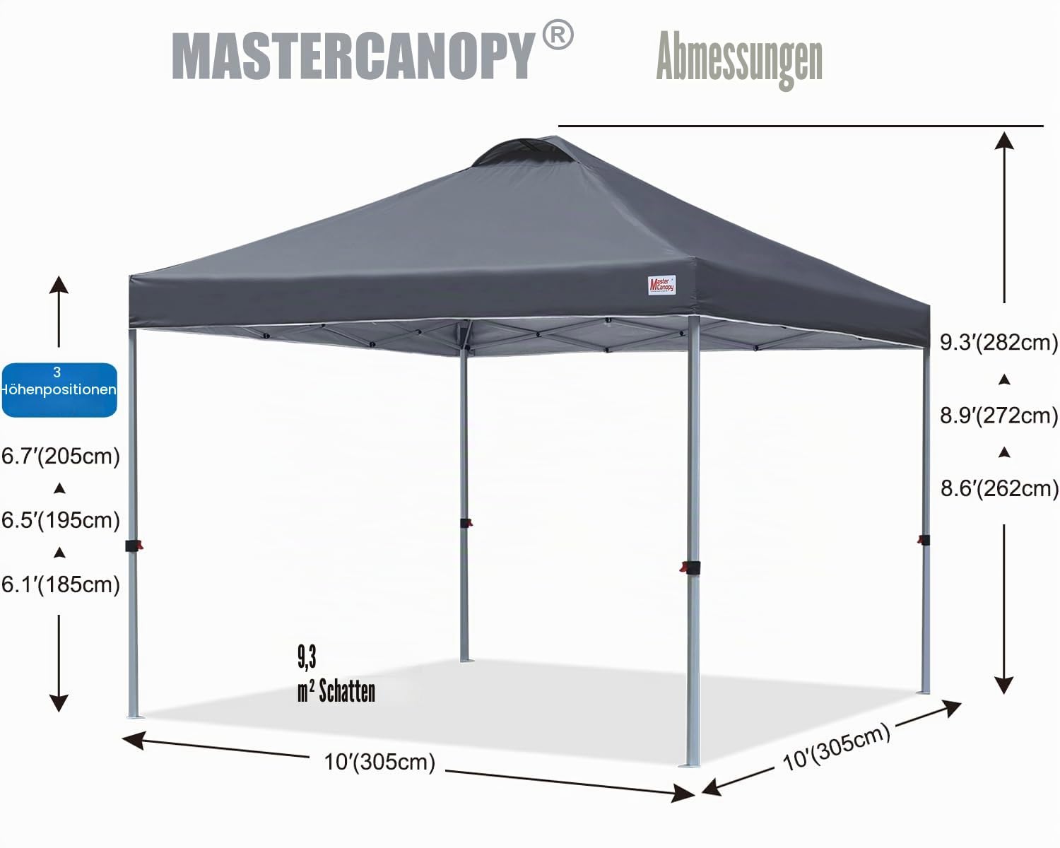 MasterCanopy Pop-up-Pavillon 3x3 Schnellaufbau, 3-Fach höhenverstellbar, UPF50+, wasserabweisend, inkl. Rolltasche + 4 Sandsäcke, für Camping, Events, Garten, Darkgrau