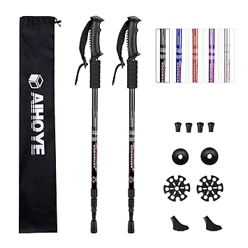 Aihoye Trekking Poles, Collapsible Lightweight Shock-Absorbent Hiking Walking Sticks Adjustable Aluminum Hiking Poles for Women Men Kids, 2 Pack, with 10 Replacement Tips(Black)