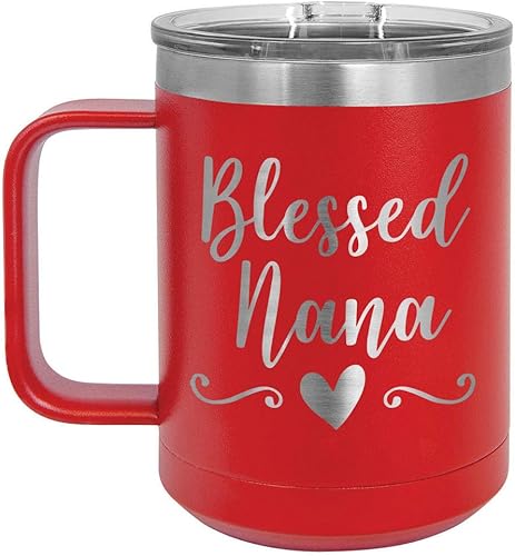 Taza de café BLESSED NANA de 15 onzas con tapa deslizante | Taza de café de viaje aislada | Ideas de regalo de cumpleaños o Navidad de mujeres o