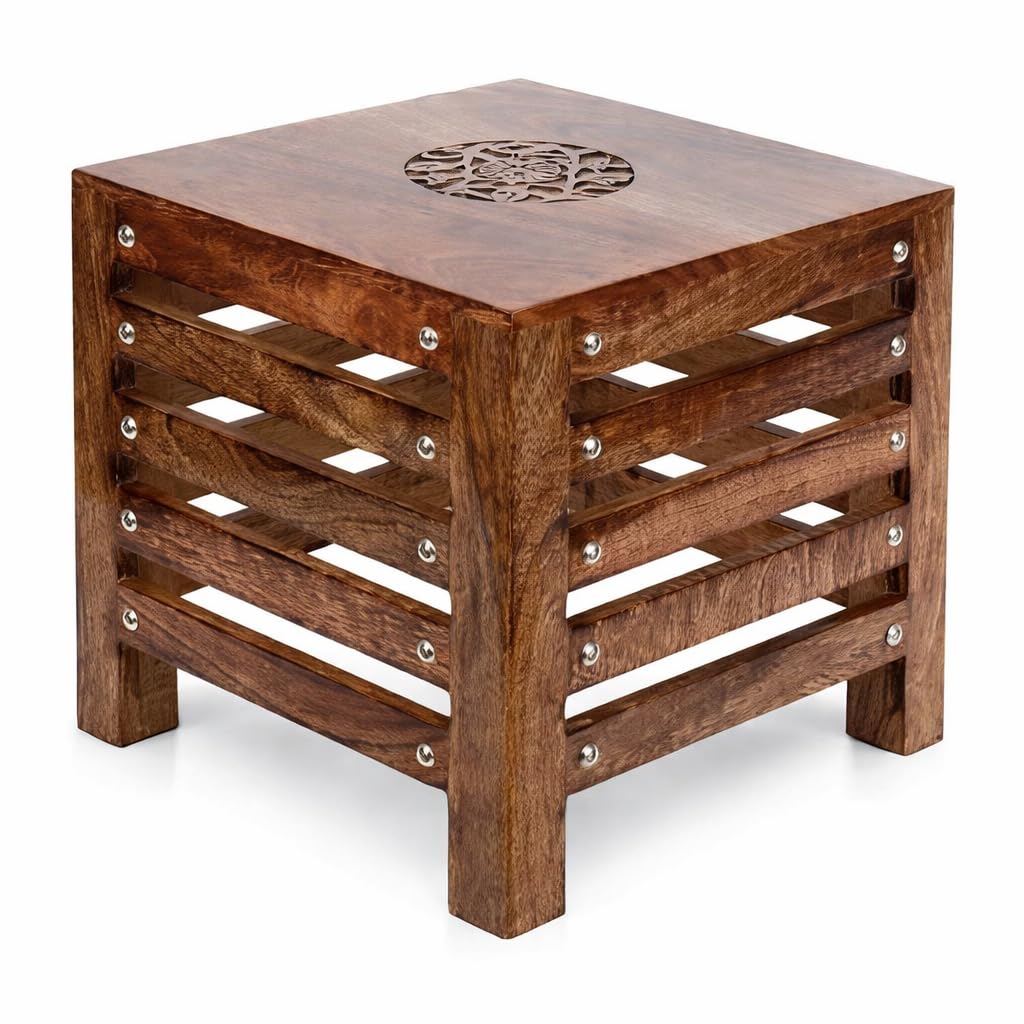 Solid Sheesham Wood Square Side Table with Hand Carved Mandala Top | Wooden Stool with Slatted Design | Multipurpose End Table for Living Room, Bedroom & Home Décor-image-45
