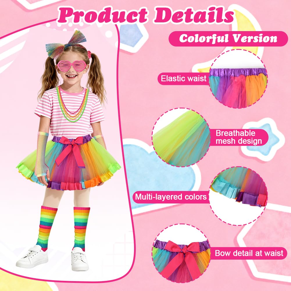BSBUY 80s Fancy Dress Costume for Kids 21 Pcs 1980s Neon Costume Fancy Dress Outfit Dress Up with Tutu Skirt Fishnet Gloves Leg Warmers Glasses Bracelets Necklaces Headband Anklets Wristbands - Image 3
