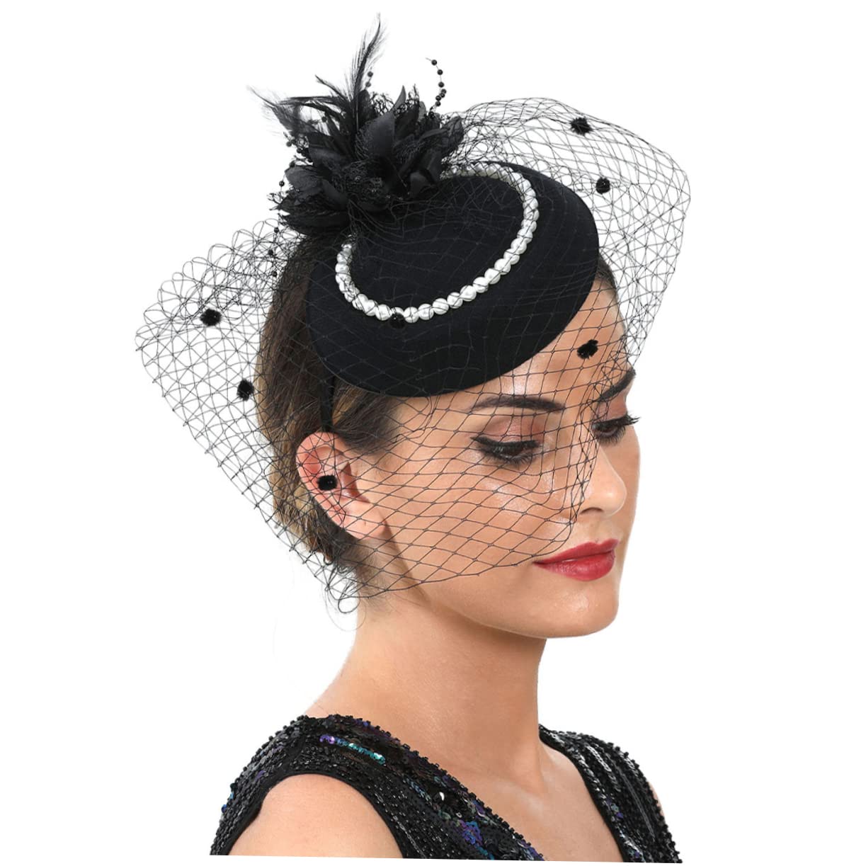 WOFASHPURET Elegant Bridal Headpiece Women's Wedding Fascinator Hat Lace Tea Party Headband Accessory for Banquet Black