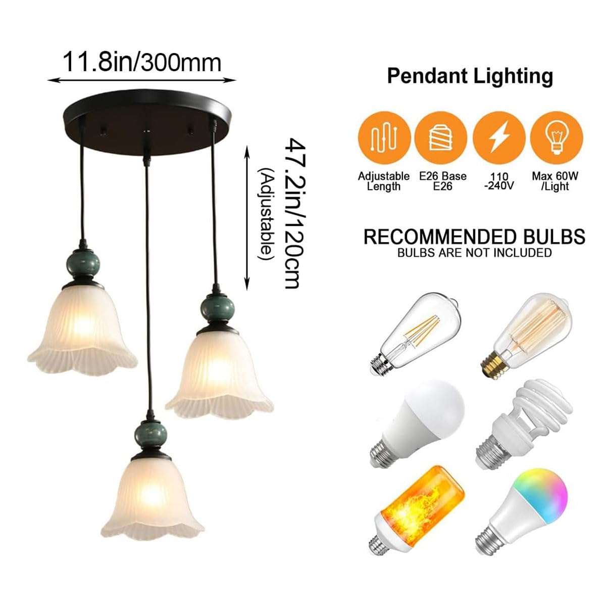 a Sospensione a 3 luci in Ceramica retrò, con Paralume in Vetro a Forma di Fiore, per Isola da Cucina, da a Sospensione in Ferro Nero Opaco, Attacco E27, per Soggiorno sopra Il Tavolo