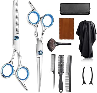 Kit de corte de cabelo portátil para casa e salão de beleza, incluindo tesouras de aço inoxidável fio de navalha, tesoura de cabelo, pente de barbeiro, pente de corte de cabelo, grampos de cabelo, avental de salão de beleza, escova de limpeza de pescoço, pano de limpeza à prova d'água