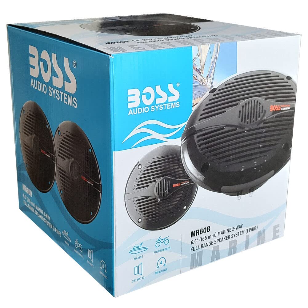 Kit Set para Boss Audio Systems MR60B 2 Altavoces Marinos 2 vías, 6,5" 16,5 cm 165 mm, 100 vatios rms 200 vatios máx, Negro, Resistente al Agua, mar, Barco, Hotel, por Pareja + 5 Pegatinas Gratis
