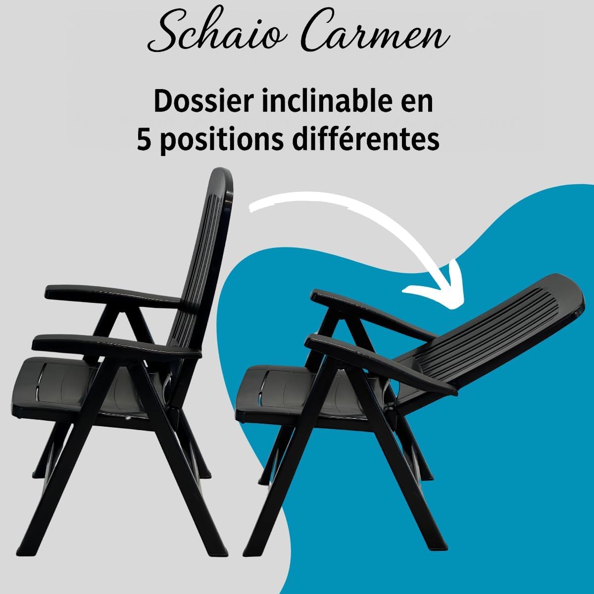 Tomaino Chaise longue de jardin pliante en plastique - Fauteuil pour extérieur, maison, camping inclinable - 5 positions - Avec accoudoirs (Noir)