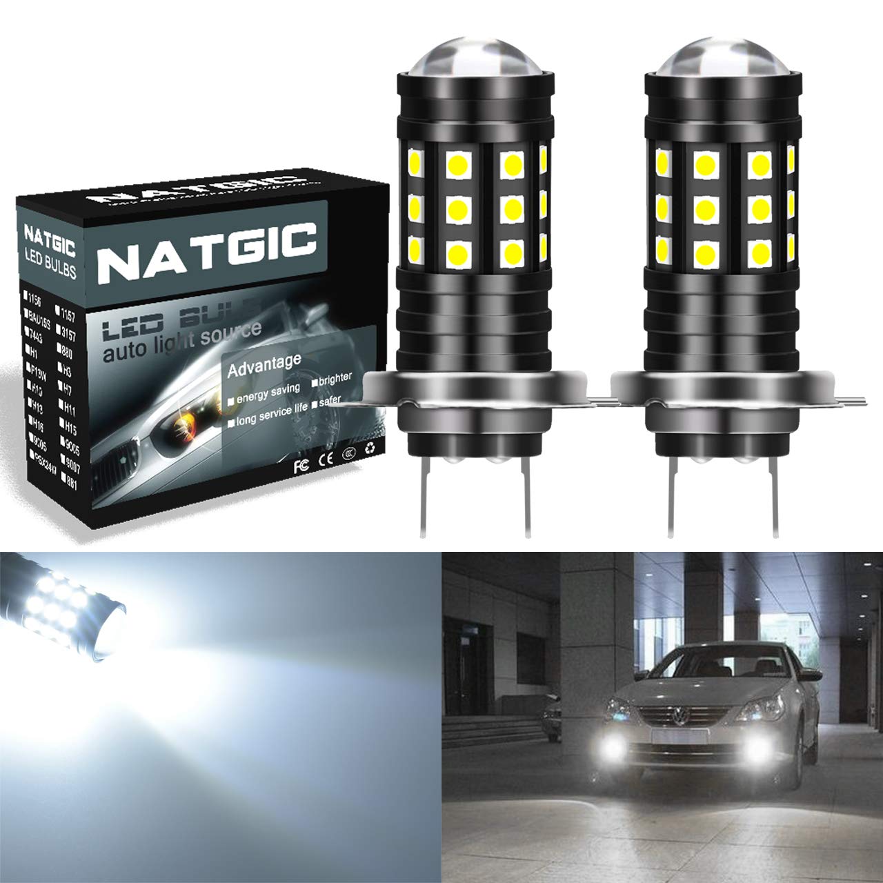 NATGIC H7 Led Bulb Xenon White 2700LM 6500K 3030 27SMD with Lens Projector for Fog Lights Bulbs DRL Daytime Running Lights 12V-24V (2-Pack)