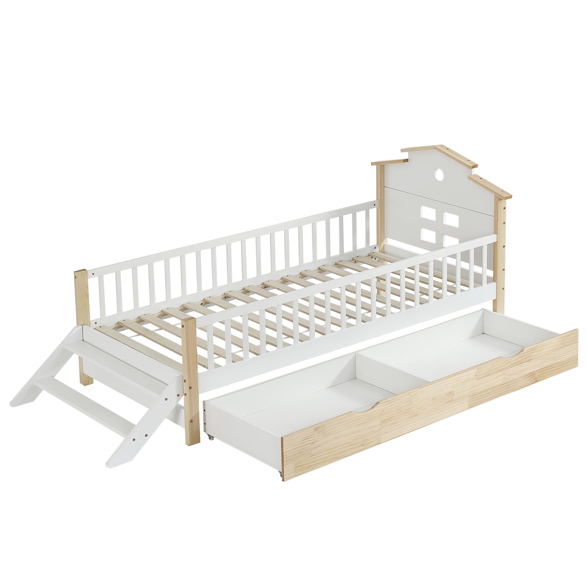 Kayan Cuna, con protección contra caídas y rejilla, con escalera lateral, diseño de techo único, adolescentes y adultos, camas planas, camas de madera, marco de pino+MDF, blanco y natural, 90 x 200 cm