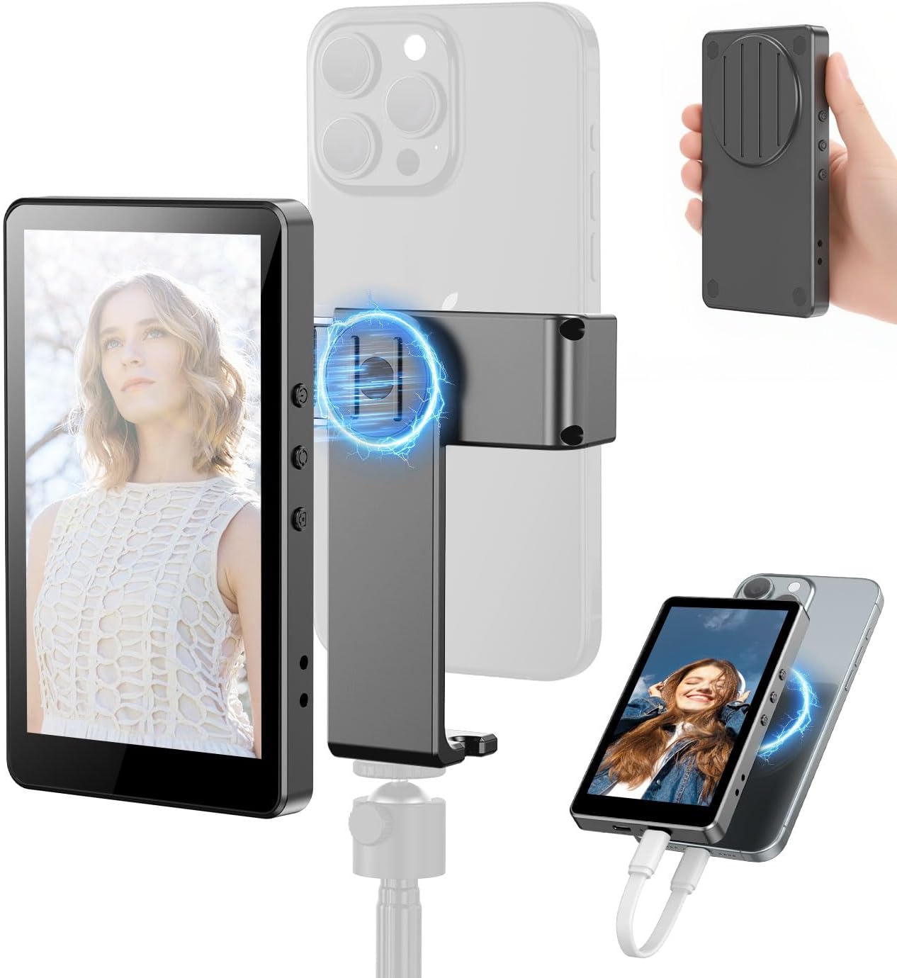 5” Vlog Selfie Monitor Screen with Magnetic Phone Clip Mount for iPhone/Android, Support 4K 30fps Wired/Wireless Recording, Back Camera Monitor for TikTok/YouTube/Vlog Video Recording