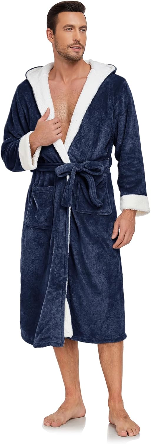 RONGTAI Hooded Mens Bathrobe, Soft Plush Long Fleece Robe, Full Length, Comfy Nightdress - Image 3